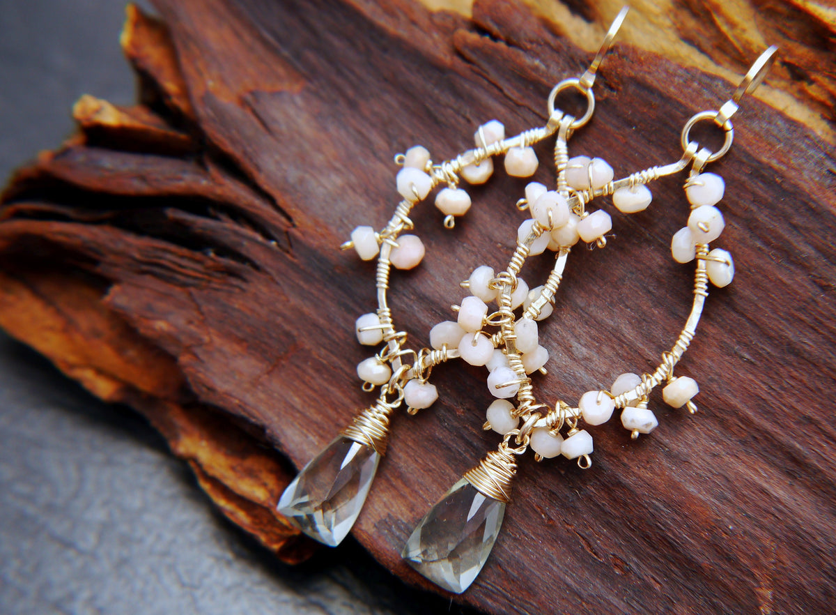 Bridal Chandelier Gold Earrings, 14K Gold Filled, Pink Opal, Aquamarine & Green Amethyst, Garden Wedding Earrings