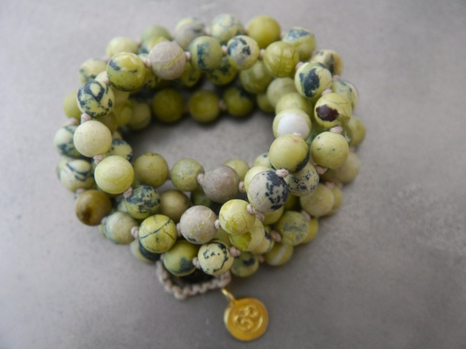 Yellow Green Serpentine Mala Beads, 108 Gemstone Beads, Wrap, Hand Knotted