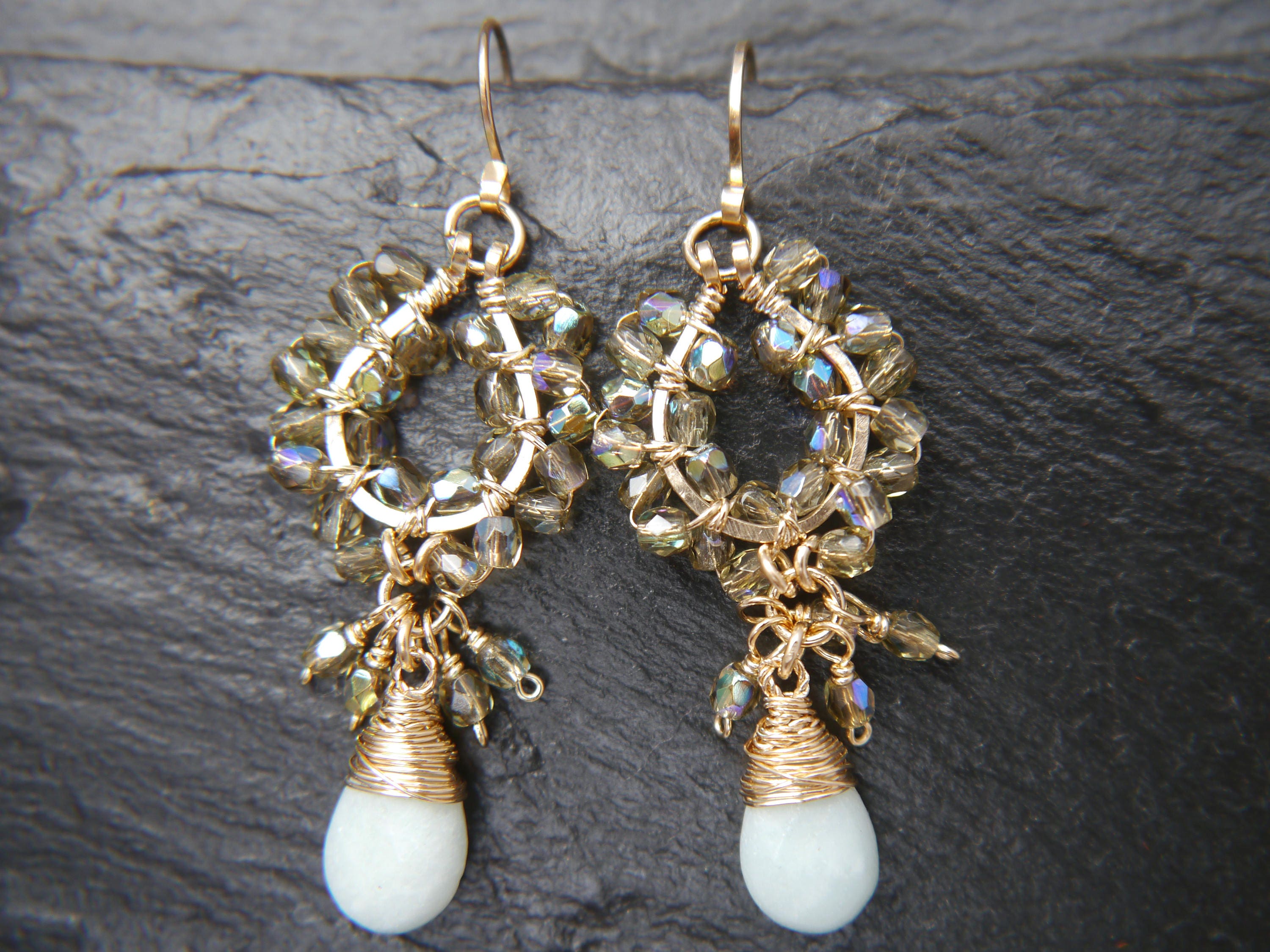 Aquamarine Tortoiseshell Chandelier Gemstone Earrings, 14K Gold Filled Boho