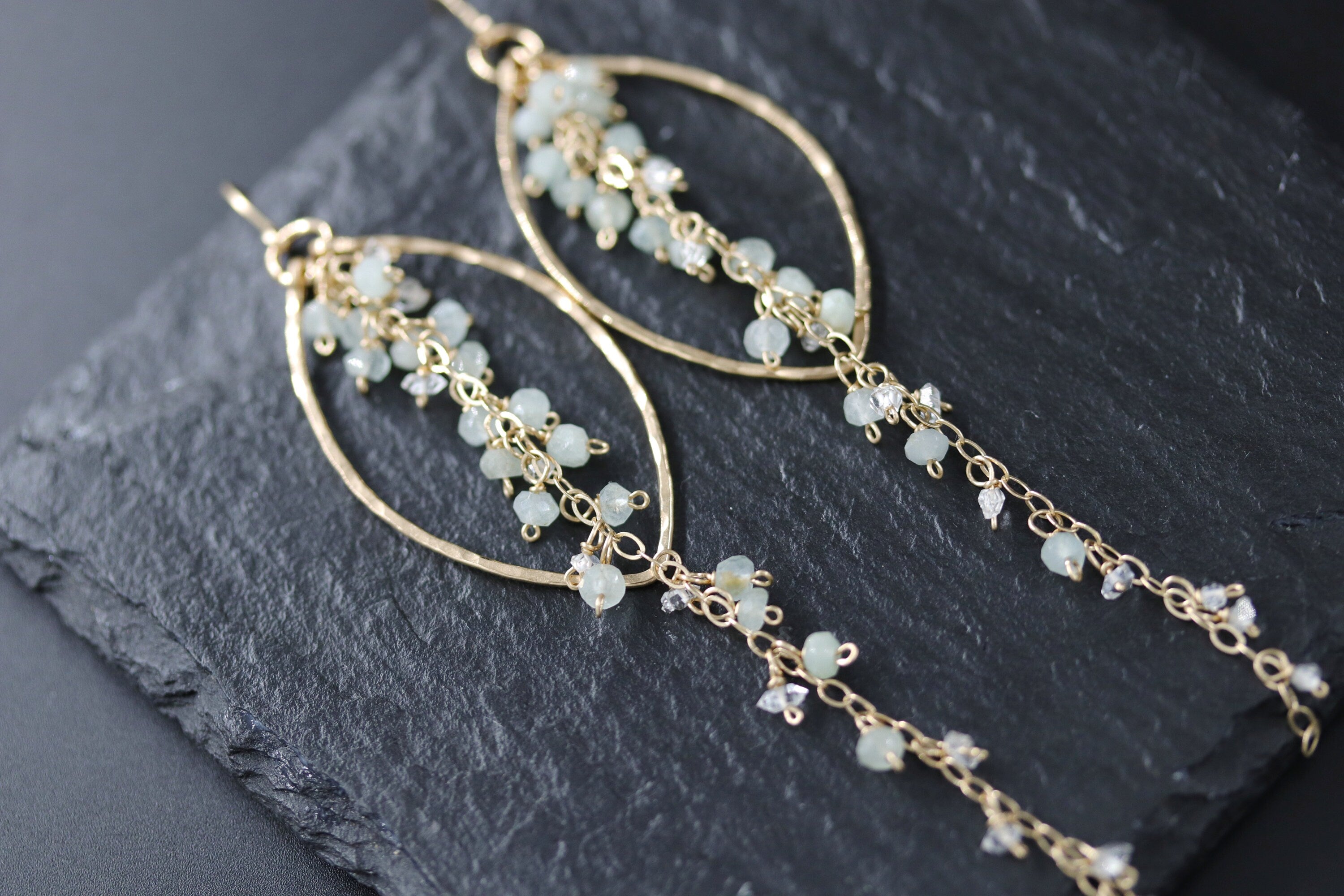 Aquamarine Fringe Chandelier Earrings, 14K Gold Filled Boho Dangle, Wedding Jewelry