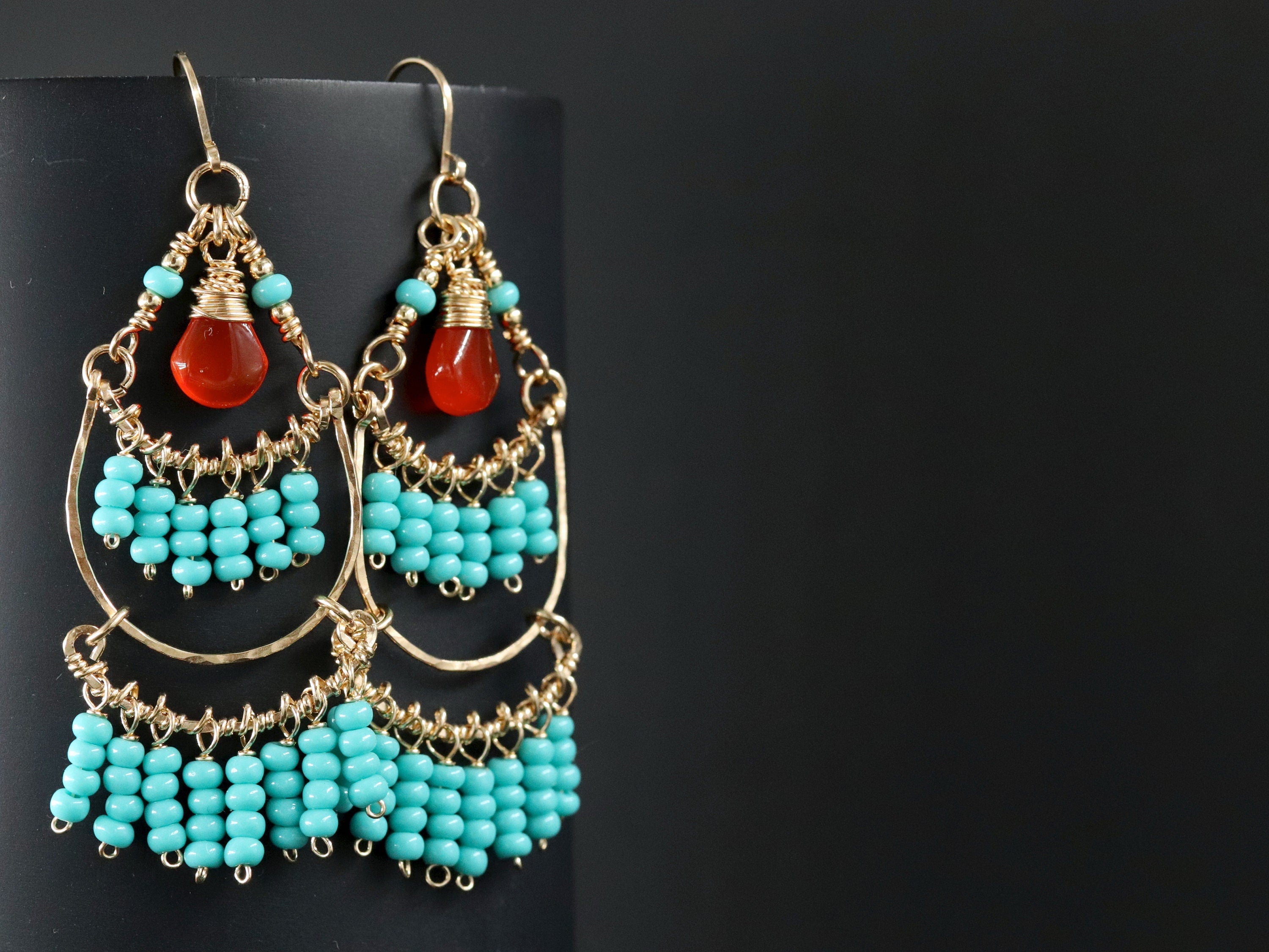 Aqua Czech Glass Carnelian Fringe Chandelier Gemstone Earrings, 14K Gold Filled