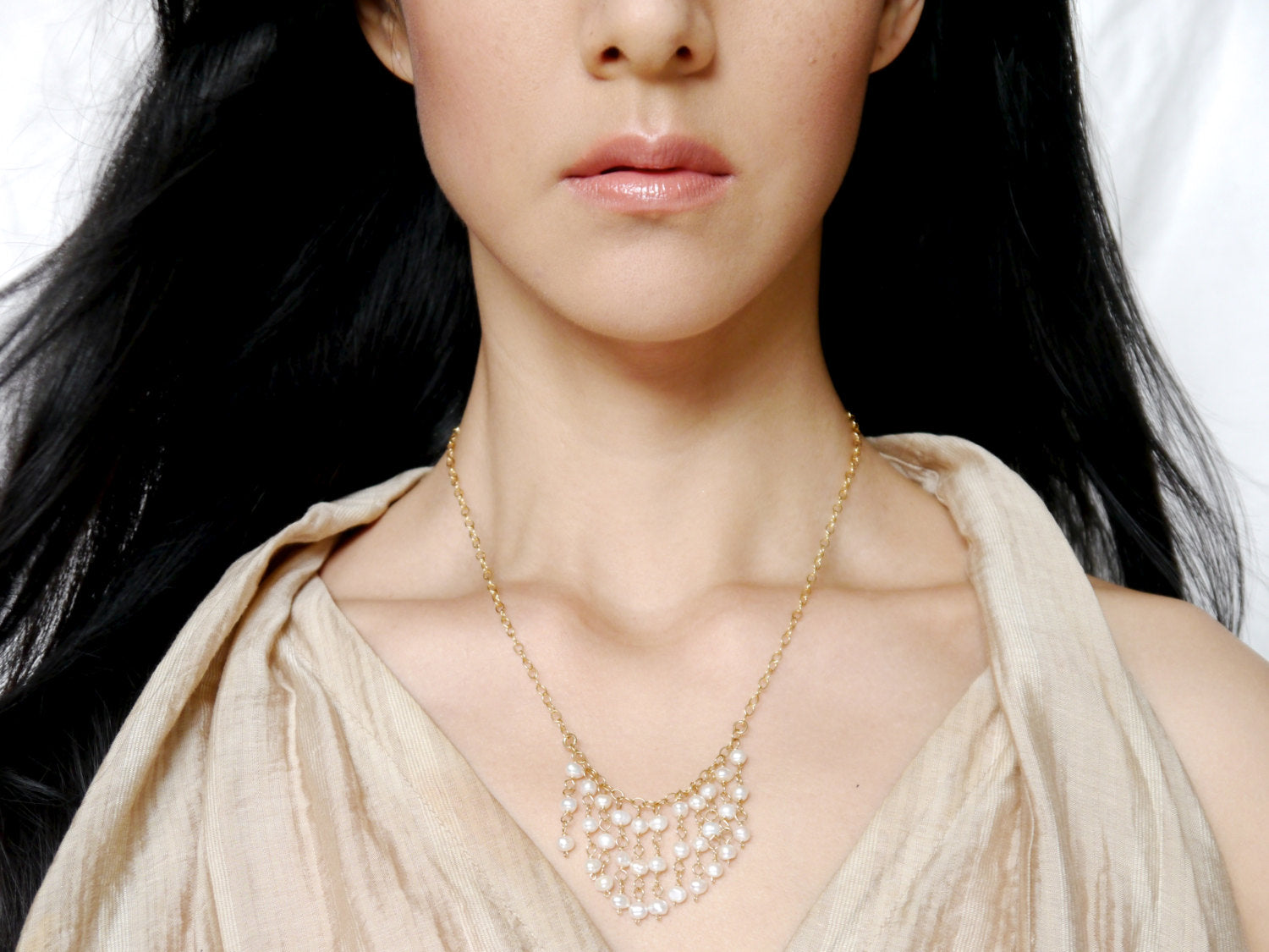 Gold Filled Pearl Tassel Bib Necklace, Bohemian Wedding Jewelry