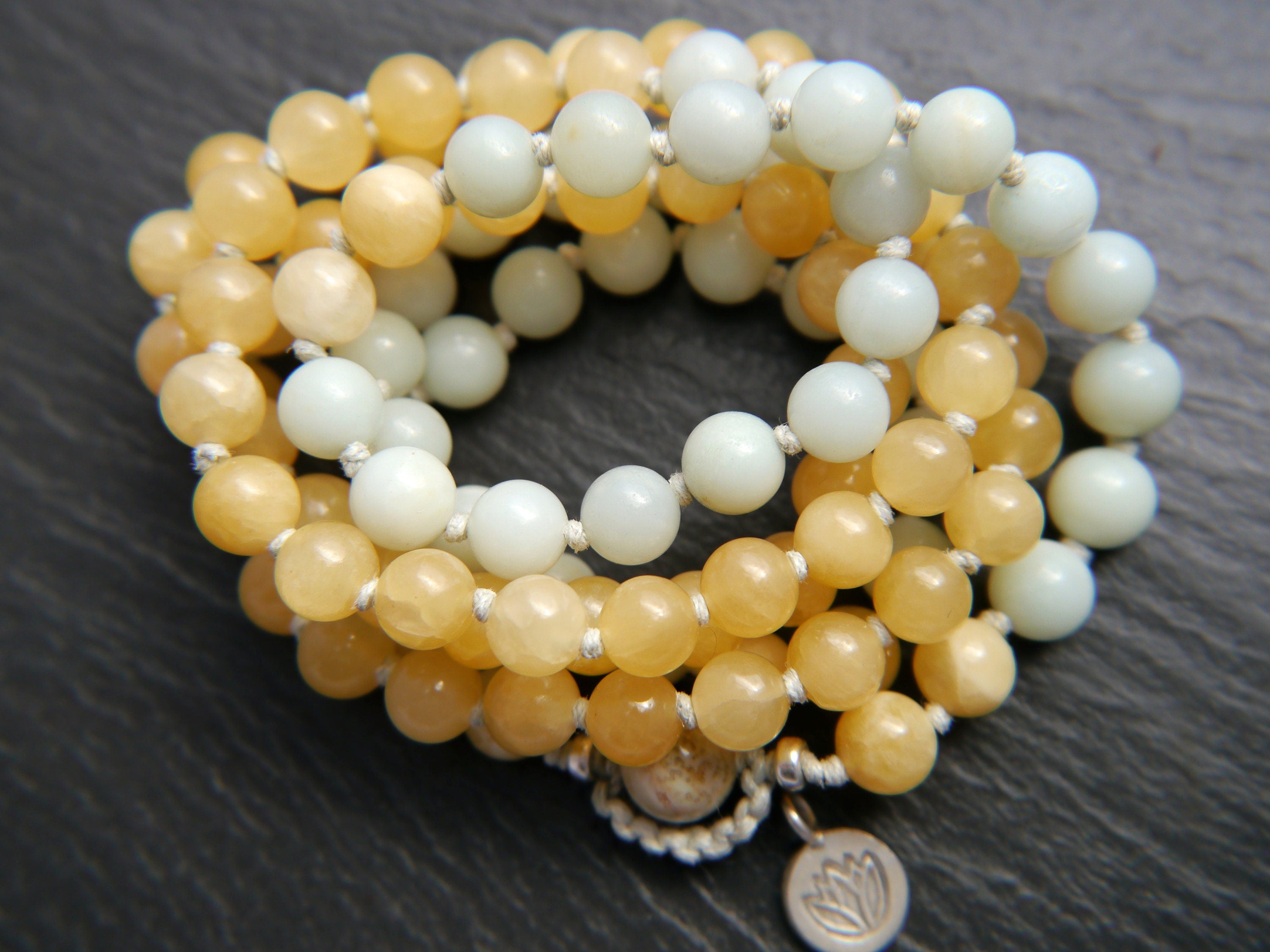 Blue Amazonite Yellow Quartz Mala Beads, 108 Gemstone Beads, Wrap, Hand Knotted