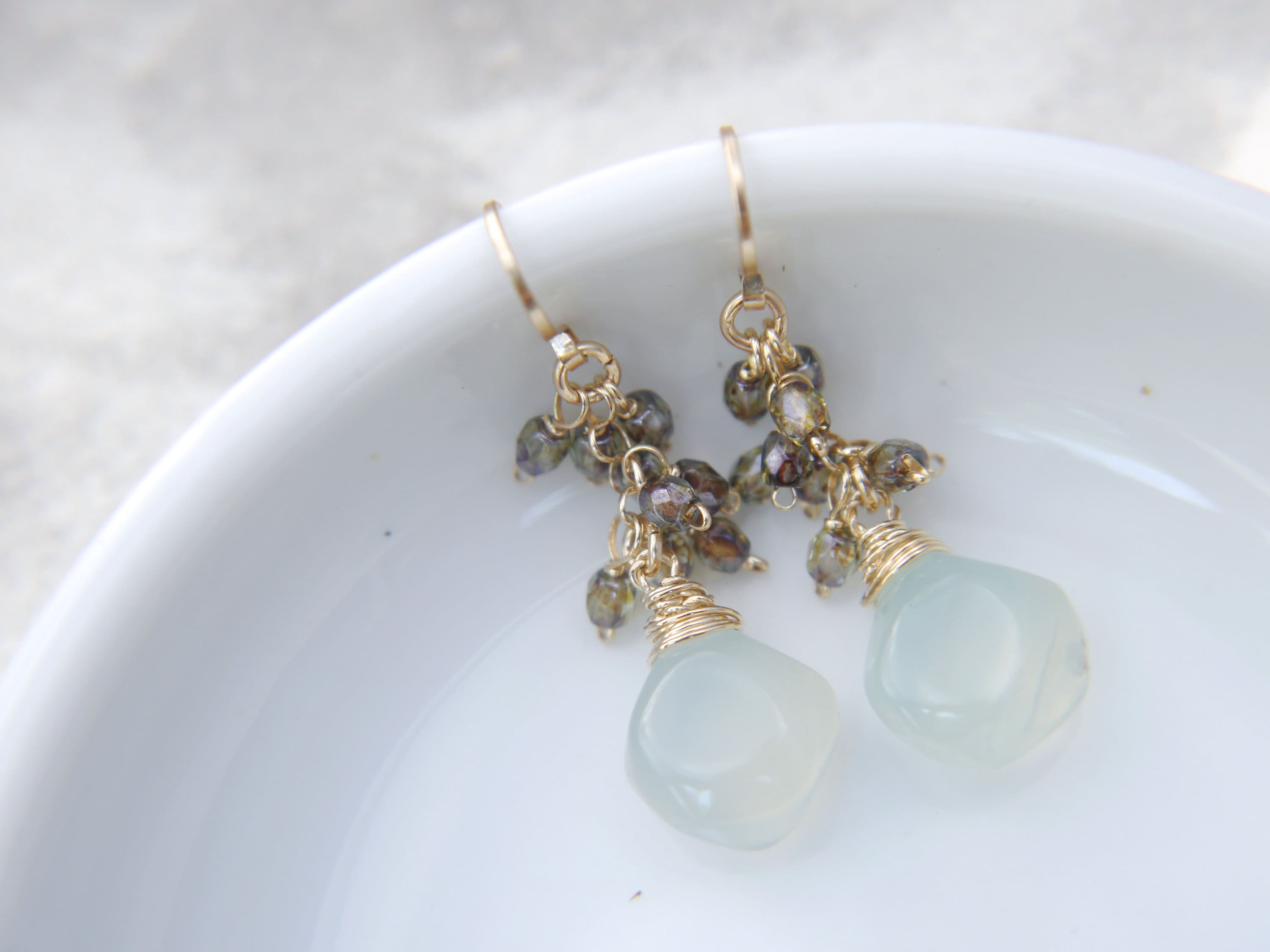 Aqua Chalcedony Cluster Teardrop Gemstone Earrings, 14K Gold Filled Classic Style