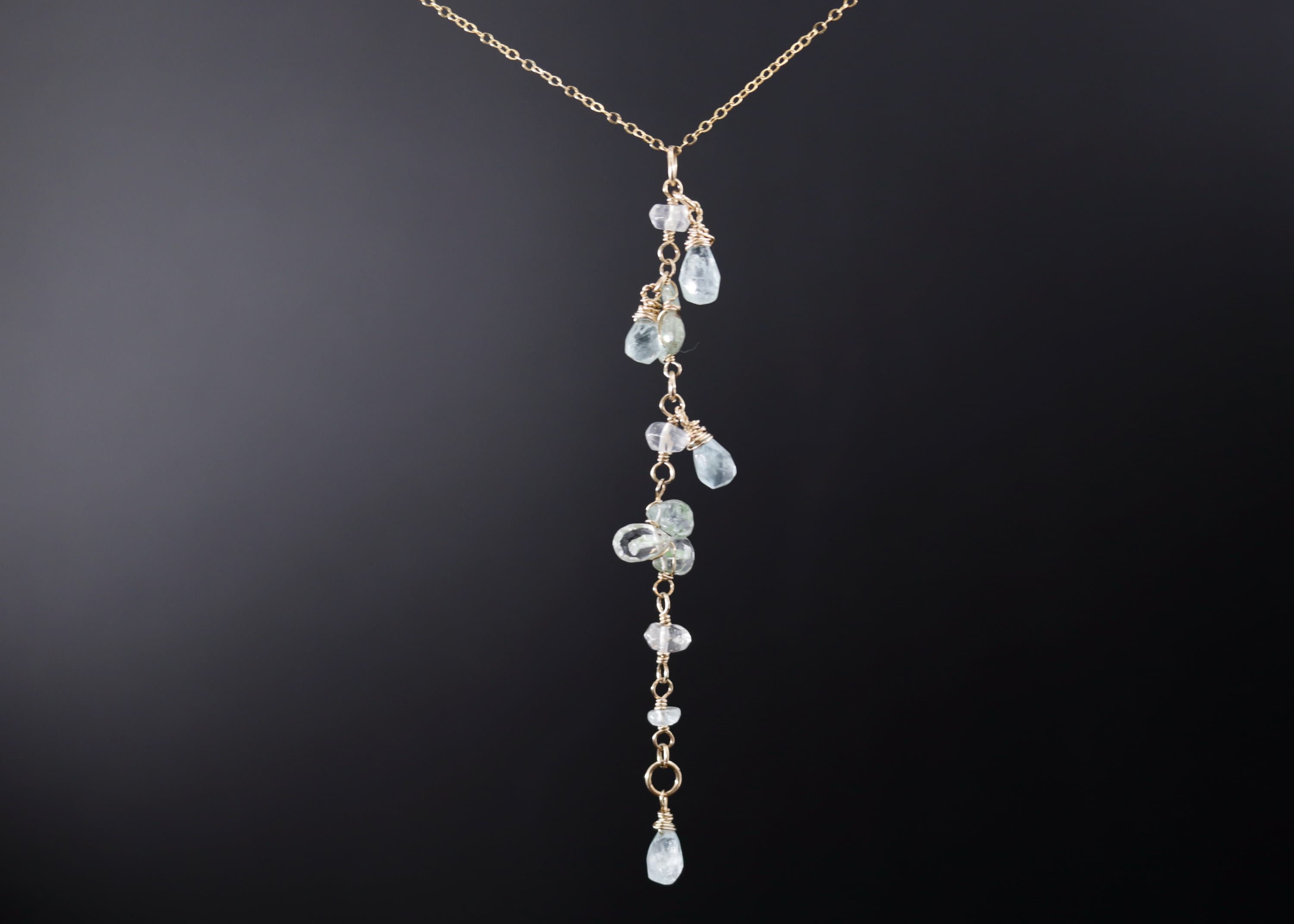 Wire Wrapped Aquamarine Briolette Lariat Y Gemstone Necklace, 14K Gold Filled, Bridal