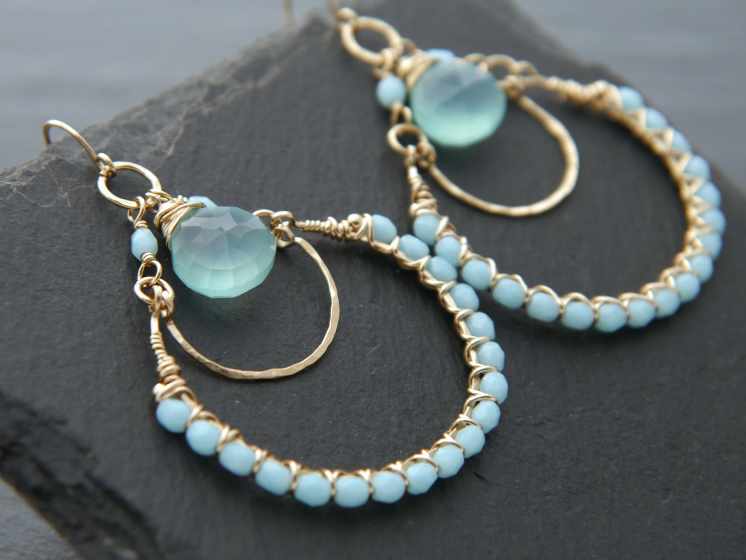 Aqua Chalcedony Briolette Chandelier Earrings, 14K Gold Filled Boho Dangle, Statement Jewelry