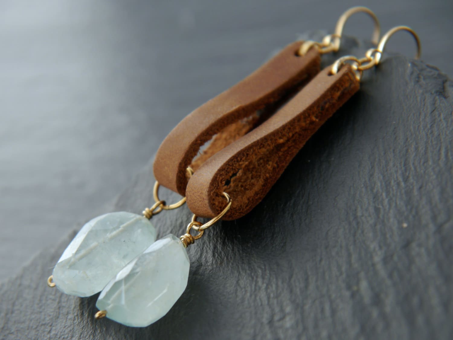Boho Leather and Aquamarine Dangle Gemstone Earrings, 14K Gold Filled Coastal Wedding