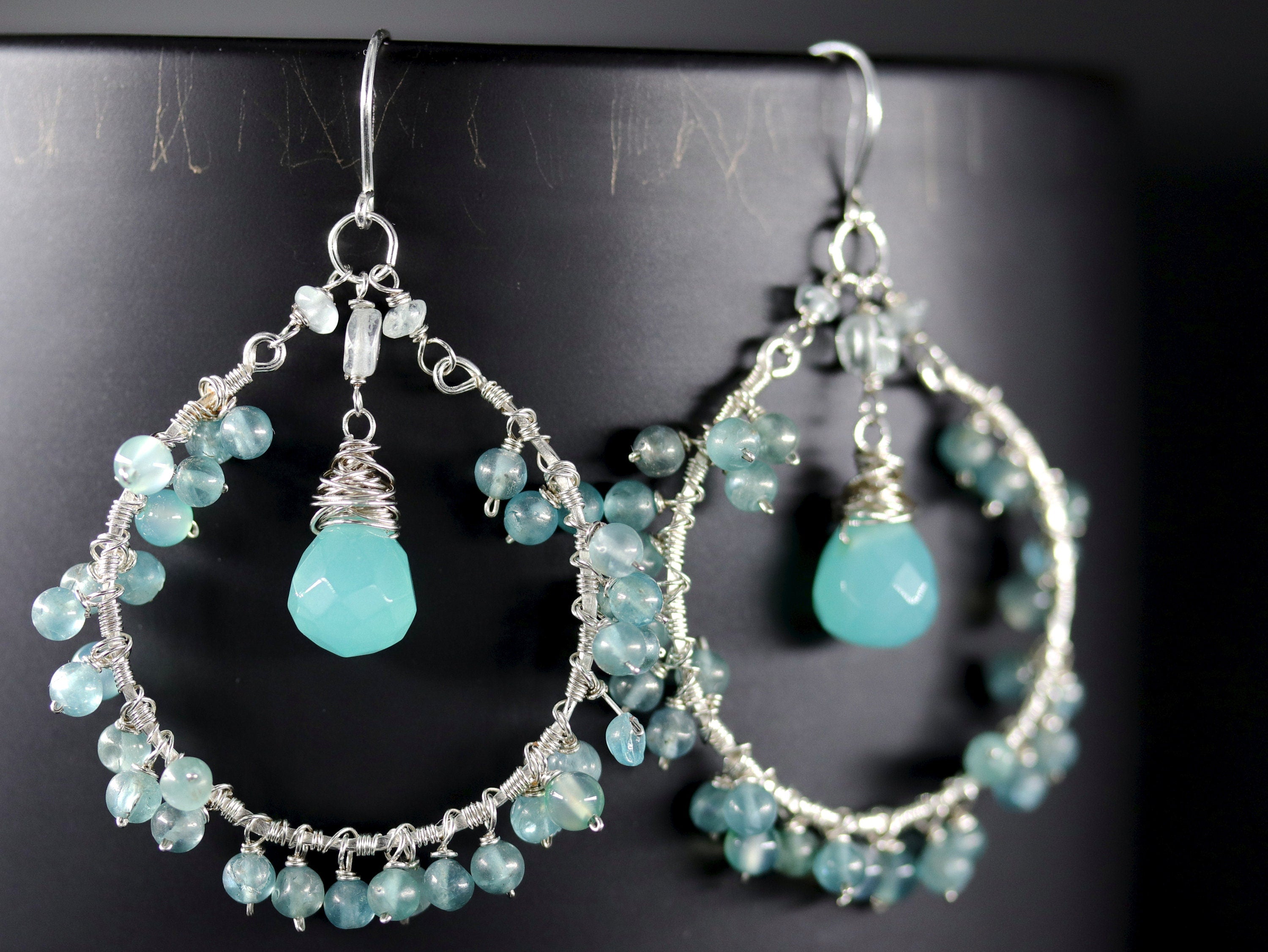 Chalcedony Goshenite Floral Garland Hoop Gemstone Earrings, Sterling Silver