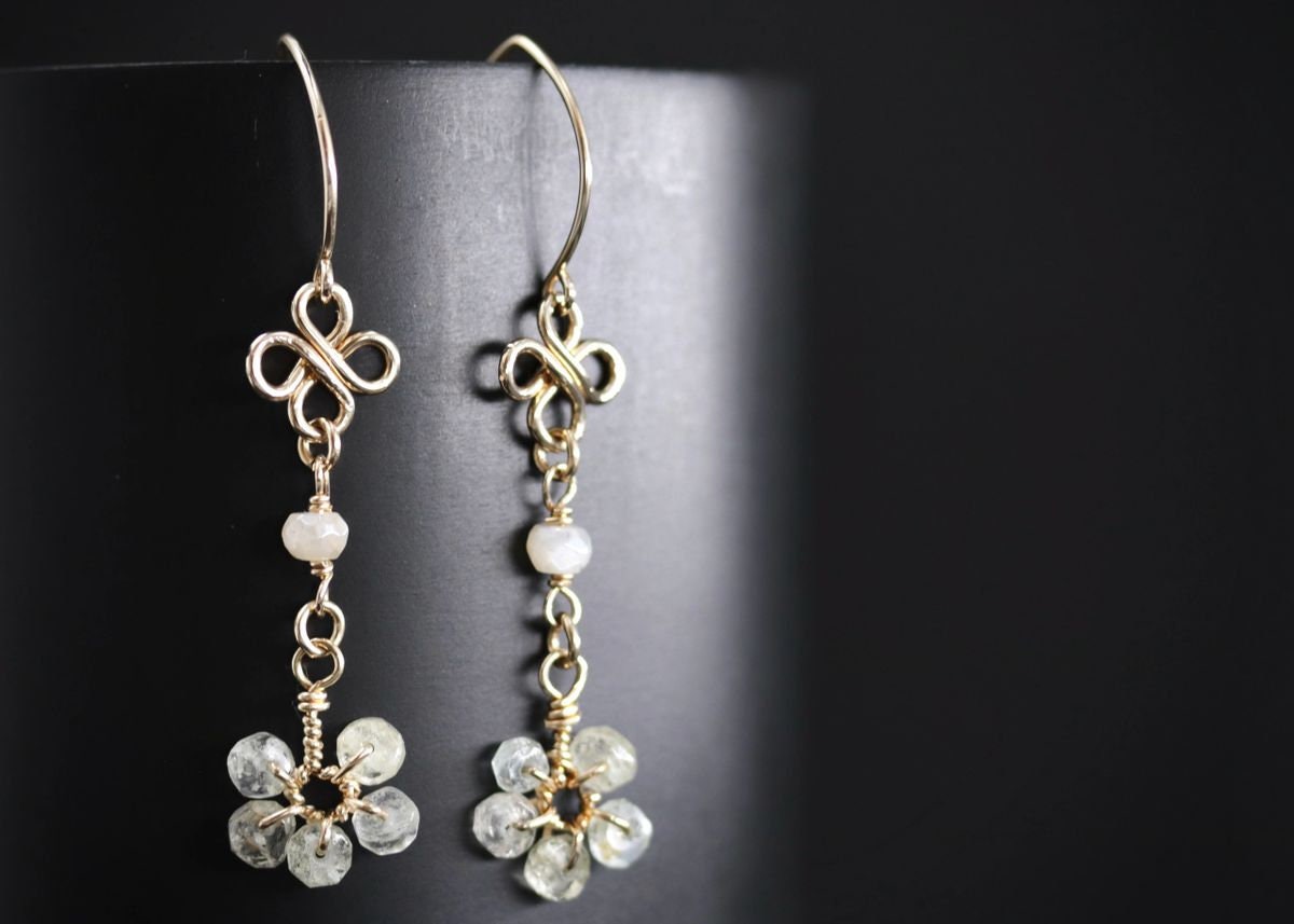 Moss Aquamarine Moonstone Long Dangle Floral Gemstone Earrings, 14K Gold Filled Bridal