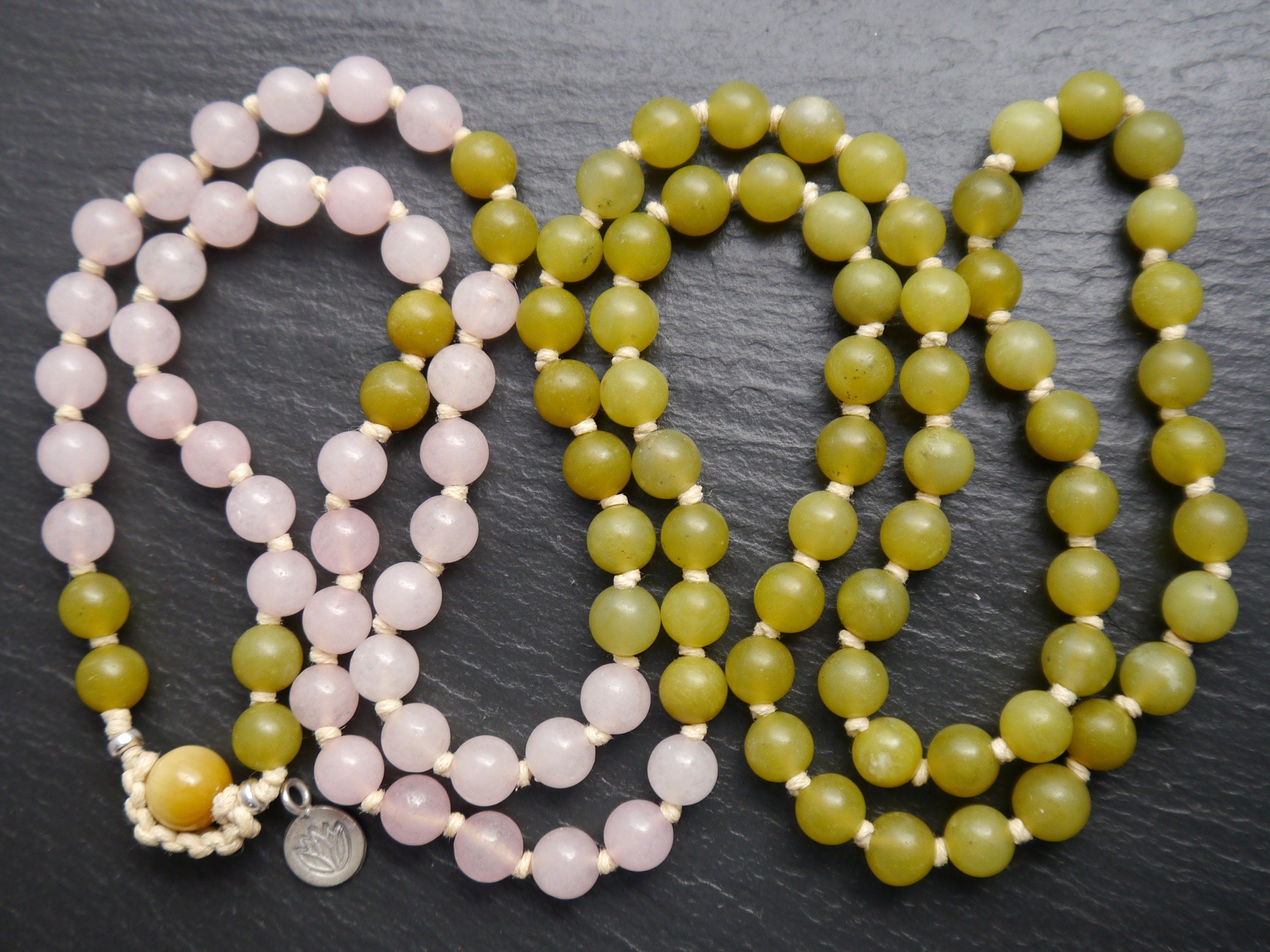Rose Quartz Serpentine Mala Beads, 108 Gemstone Beads, Wrap, Hand Knotted