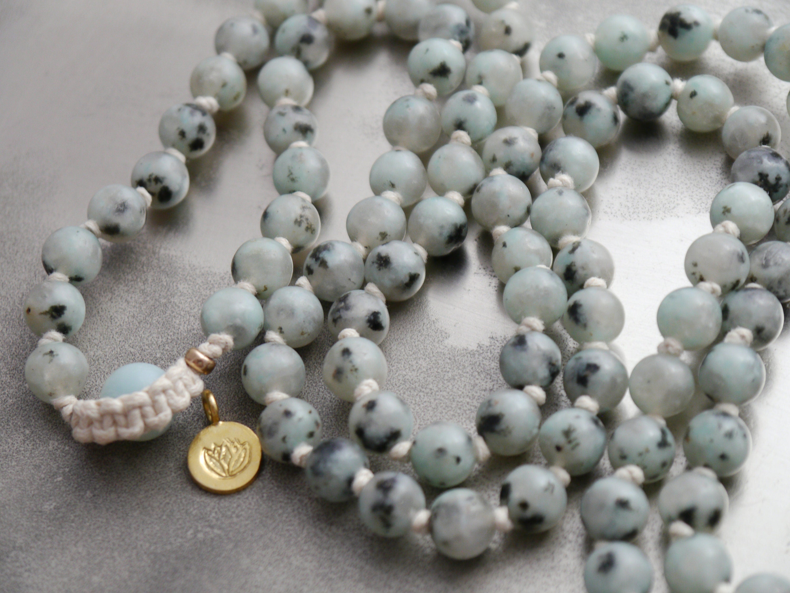 Green Kiwi Jasper Mala Beads, 108 Gemstone Beads, Wrap, Hand Knotted
