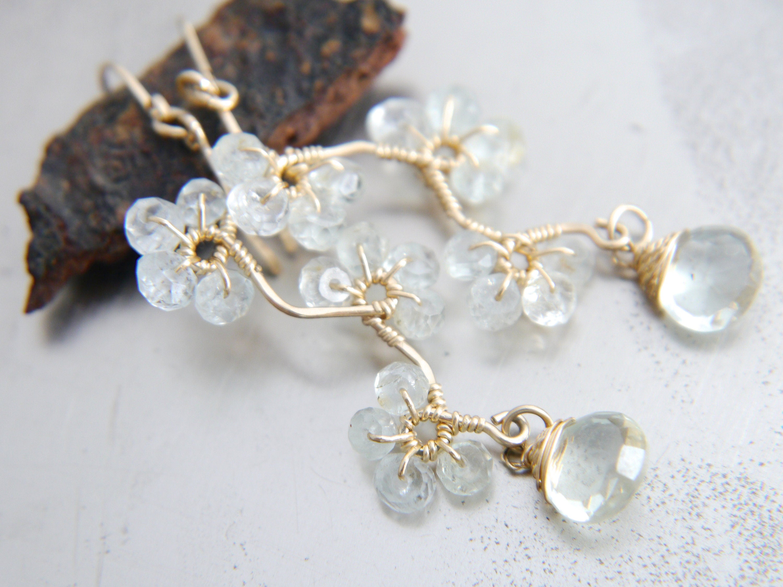 Aquamarine Green Amethyst Floral Chandelier Earrings, 14K Gold Filled Dangle, Garden Jewelry