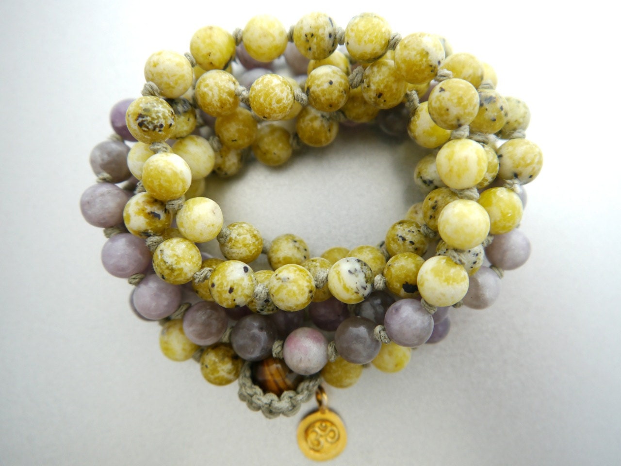 Yellow Turquoise Lilac Stone 108 Mala Beads, Hand Knotted Wrap