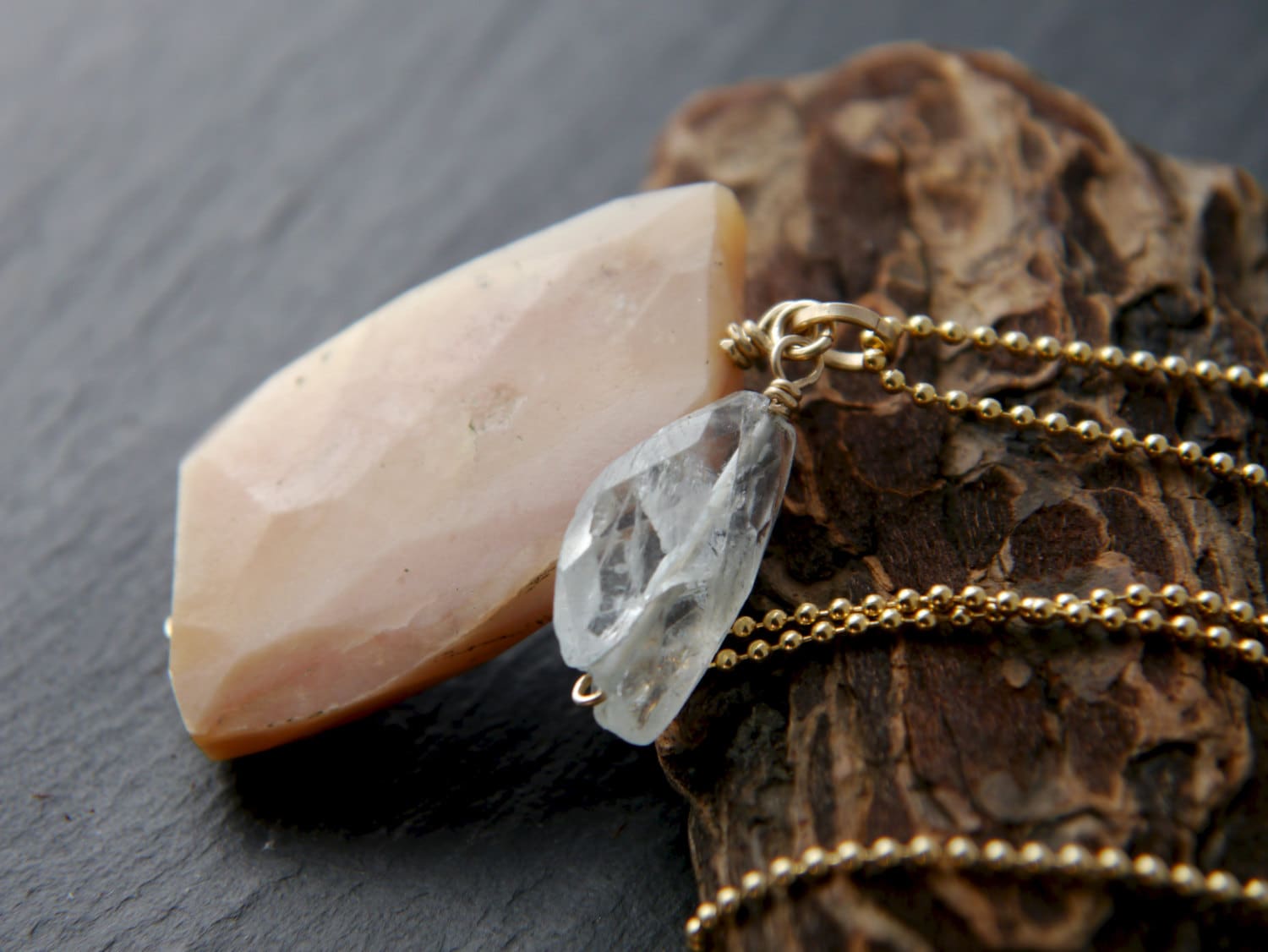 Pink Opal Aquamarine Flower Pendant Gemstone Necklace, 14K Gold Filled, Bridal