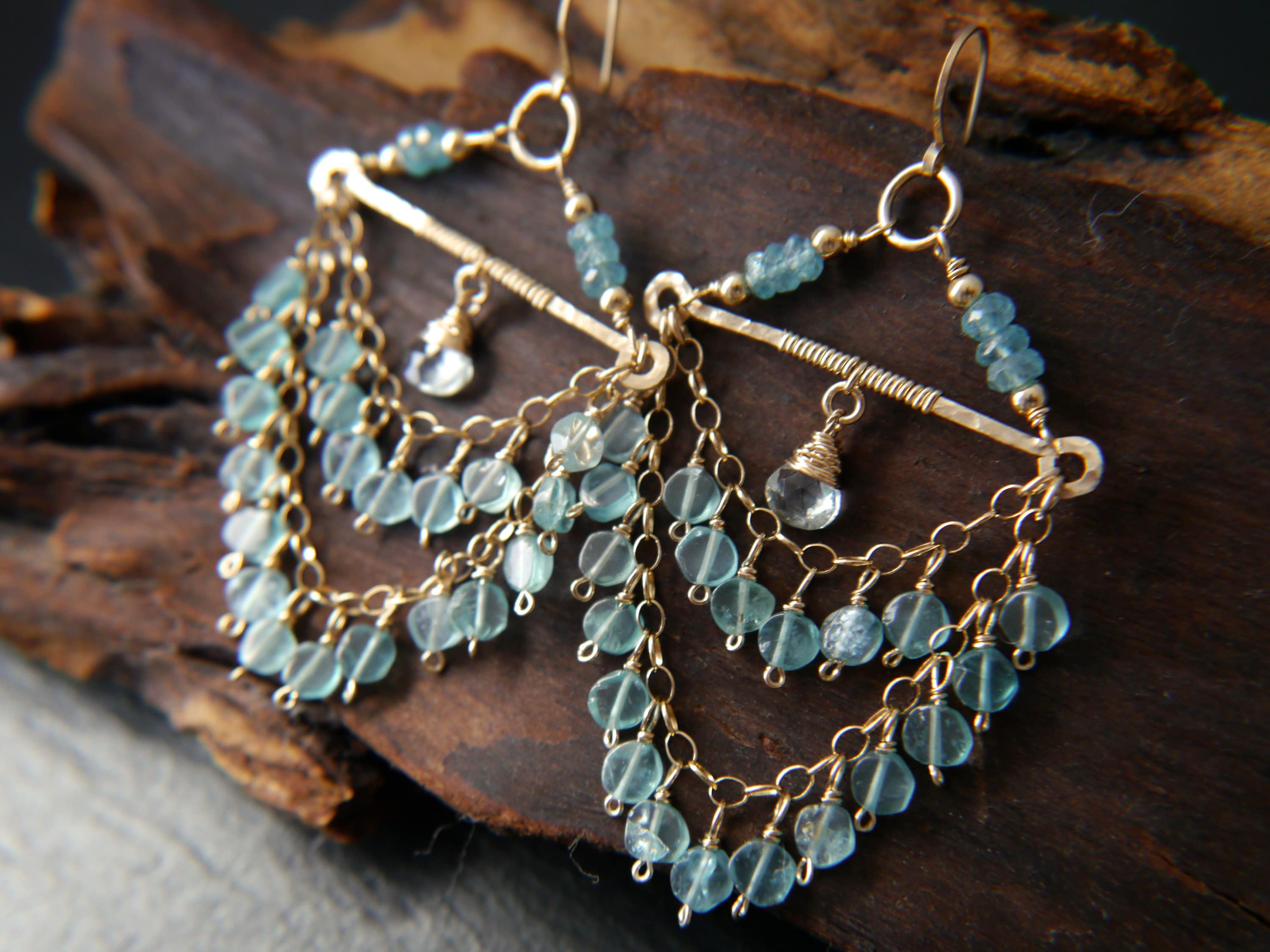 Aquamarine Fringe Chandelier Earrings, 14K Gold Filled Tiered Waterfall Dangle, Coastal Bridal Statement Jewelry