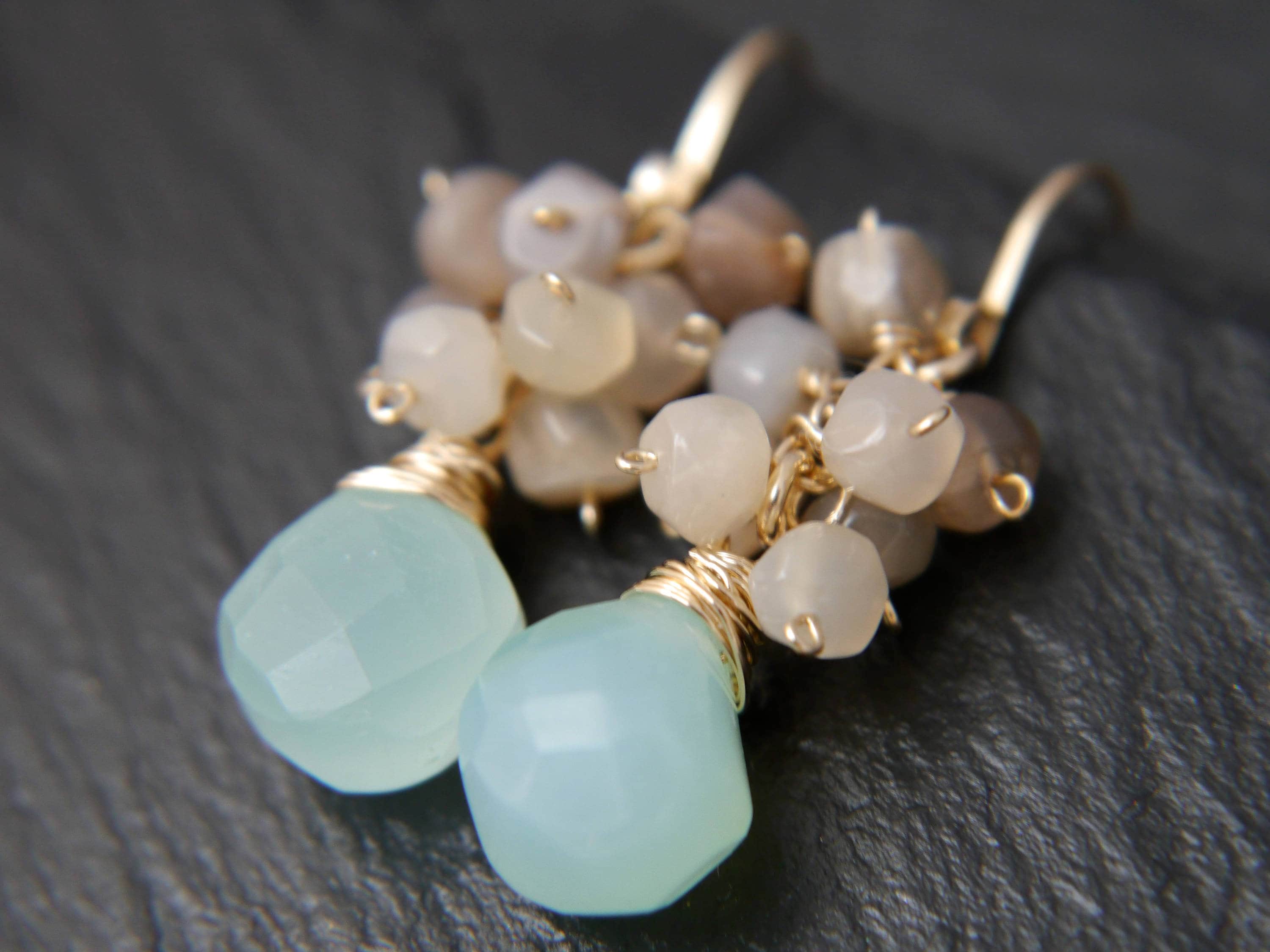 Moonstone Cluster Aqua Chalcedony Heart Gemstone Earrings, 14K Gold Filled Romantic