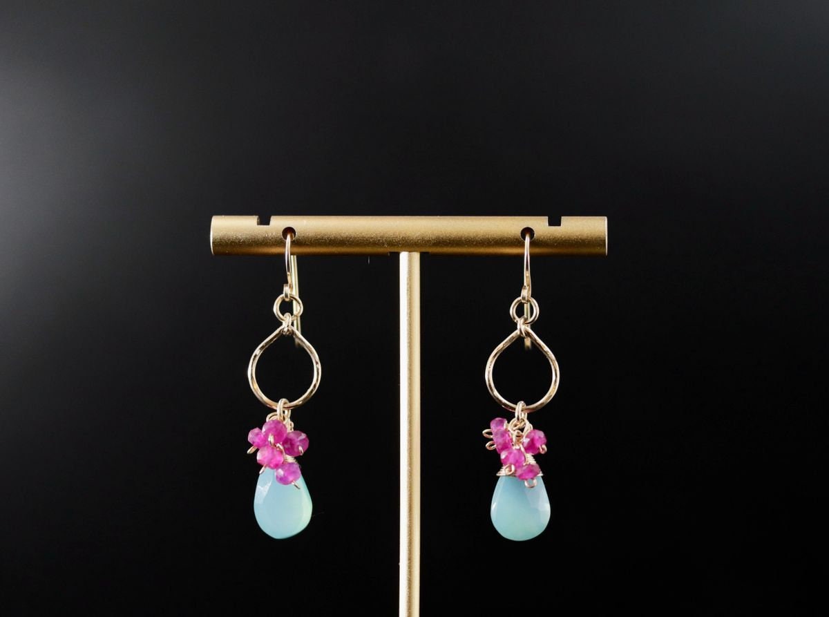 Aqua Chalcedony Ruby Floral Gemstone Earrings, 14K Gold Filled Boho Jewelry
