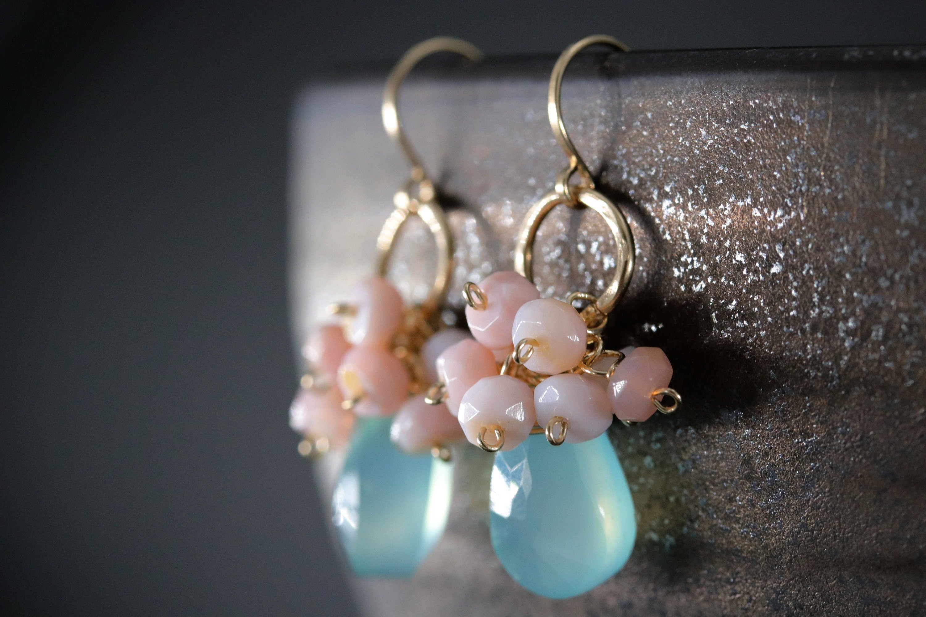 Aqua Chalcedony Briolette Pink Opal Cluster Gemstone Earrings, 14K Gold Filled Botanical Style