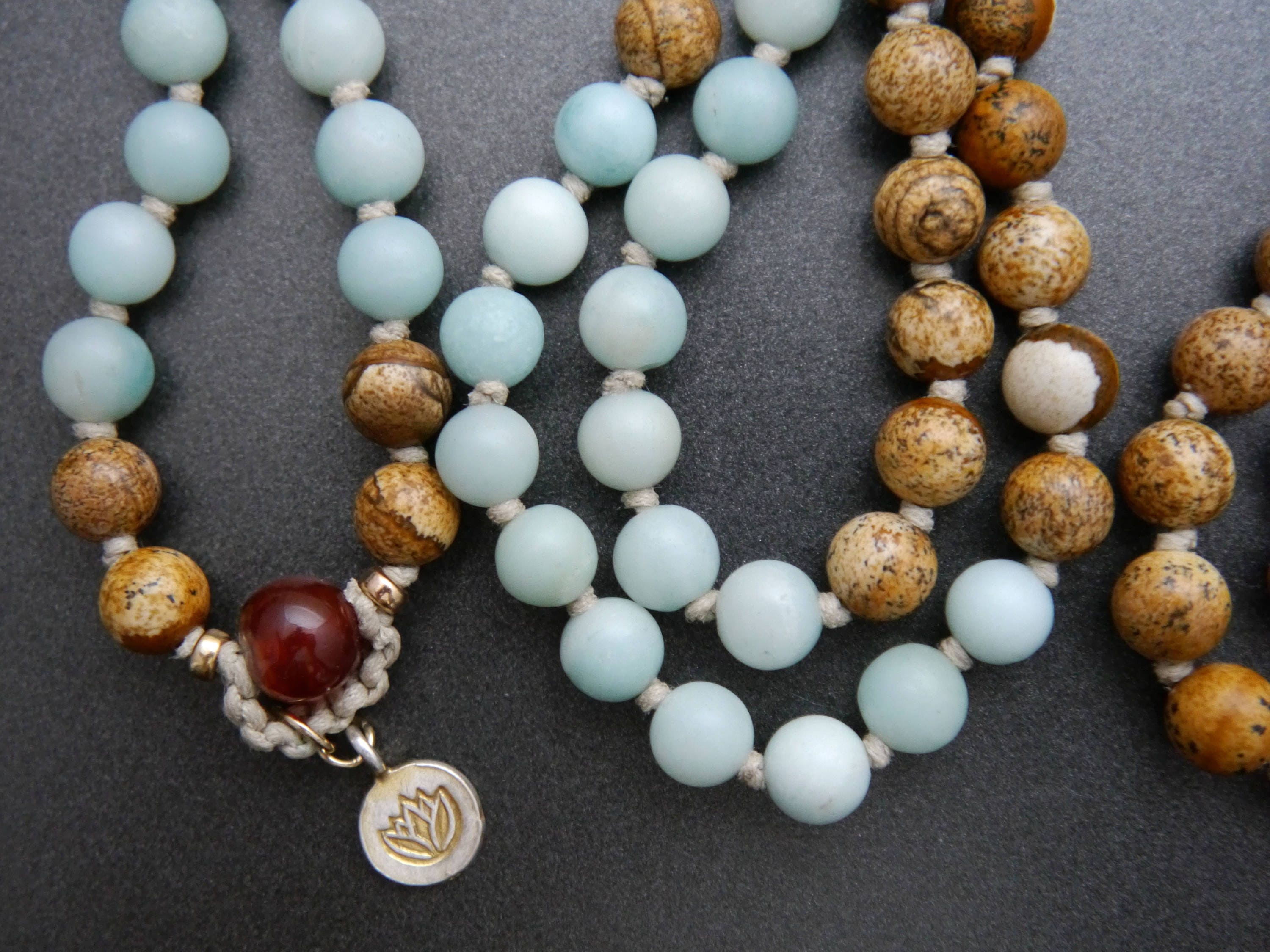 Earth Tone Picture Jasper Blue Amazonite Mala Beads, 108 Gemstone Beads, Wrap, Hand Knotted