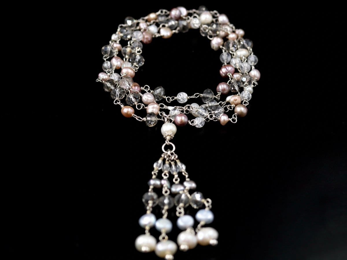 Freshwater Pearl Rosary Lariat Y Tassel Gemstone Necklace, Sterling Silver, Bohemian