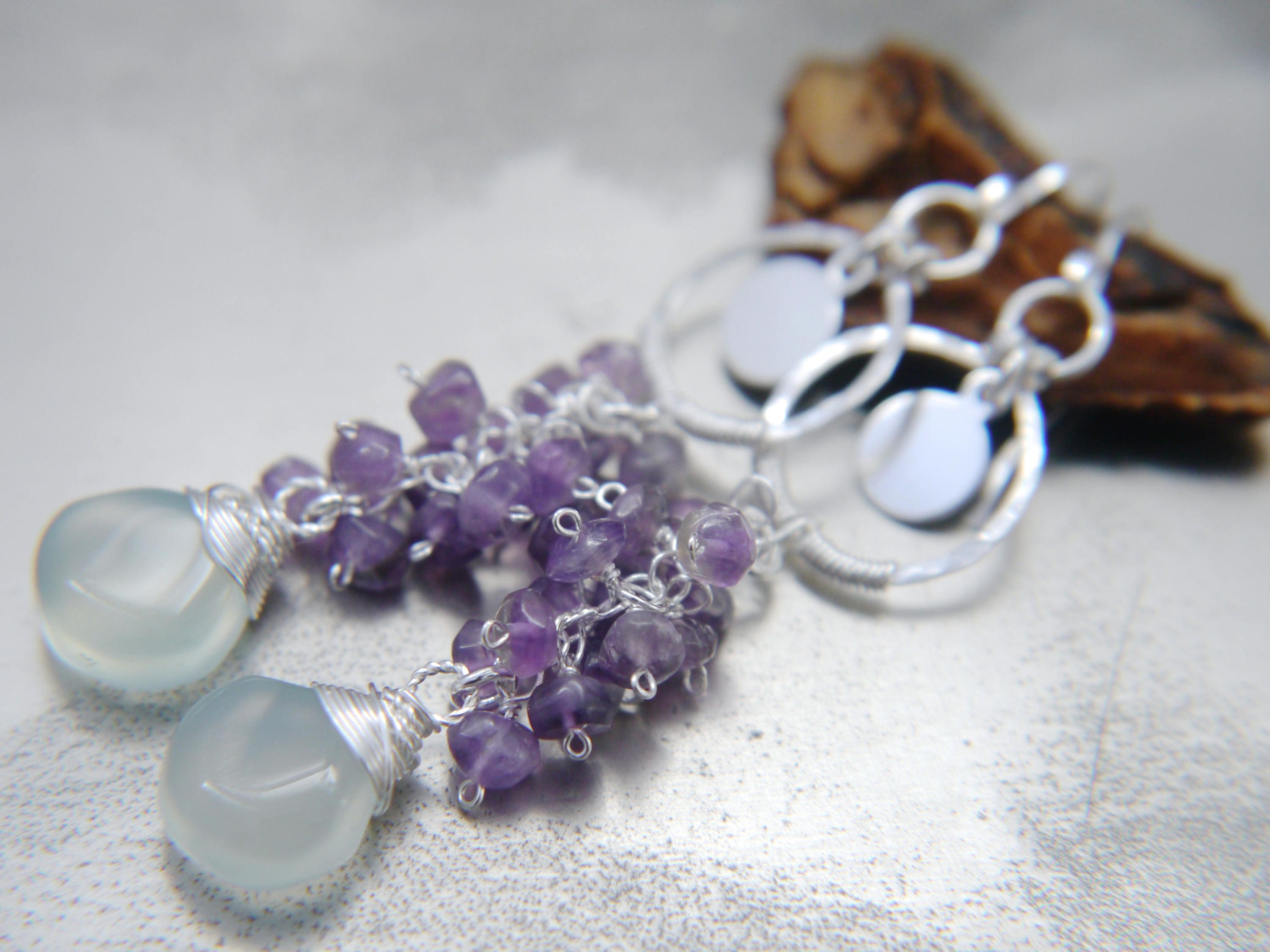 Aqua Chalcedony Amethyst Long Dangle Gemstone Earrings, Sterling Silver