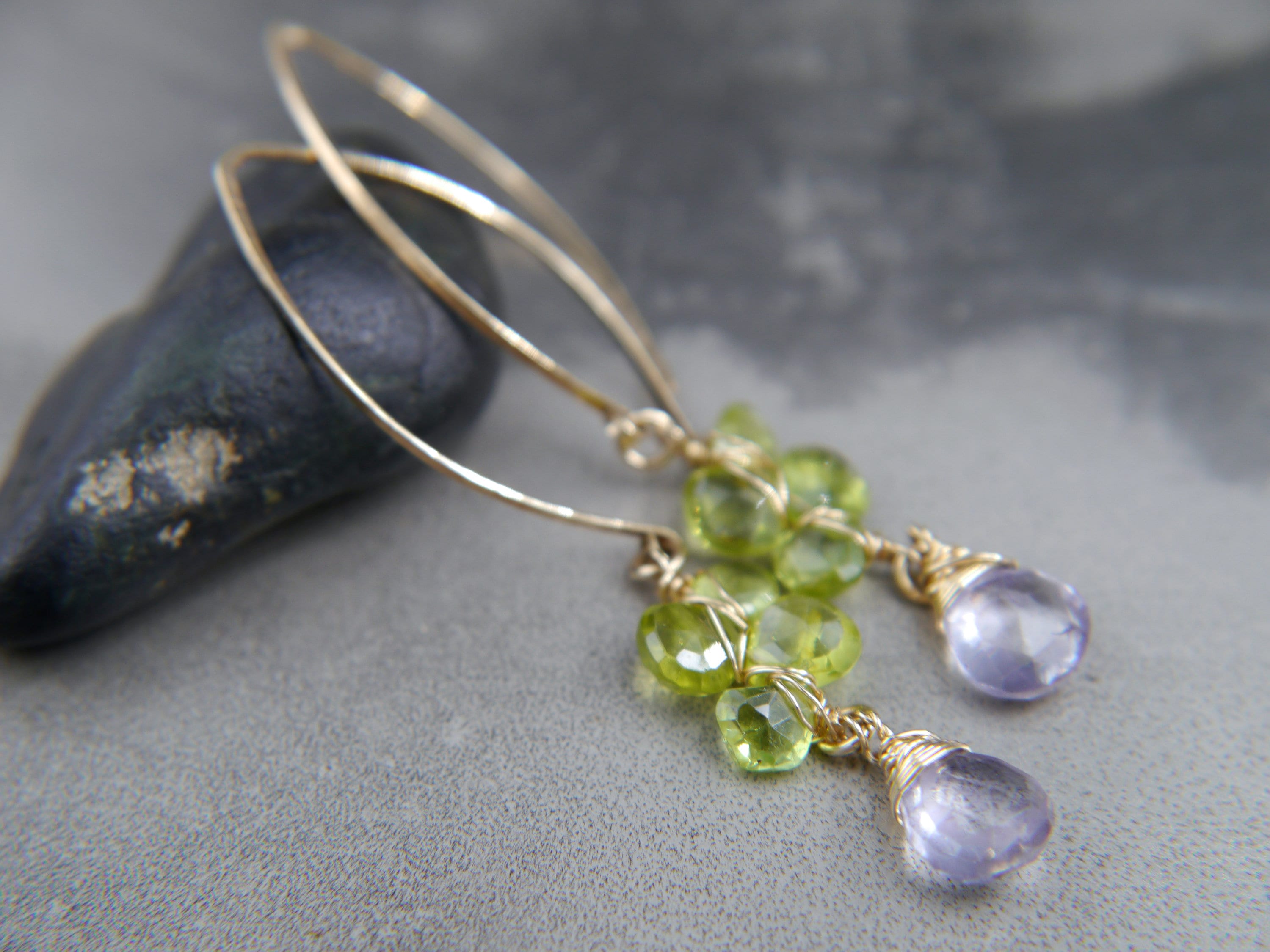 Blue Quartz and Peridot Floral Cluster Gemstone Earrings, 14K Gold Filled Botanical