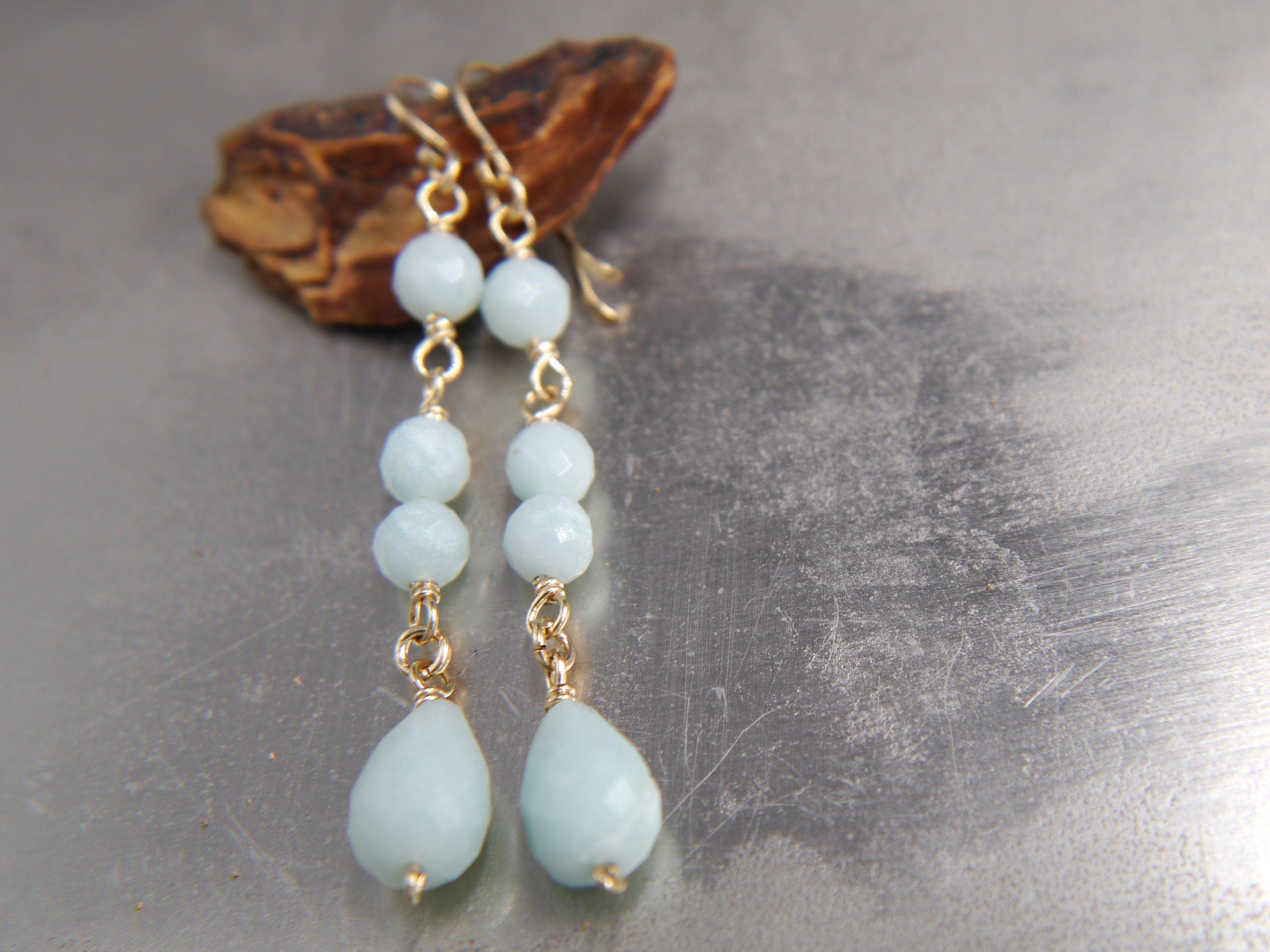 Aqua Amazonite Long Dangle Earrings, 14K Gold Filled Linear Drop, Minimal Jewelry