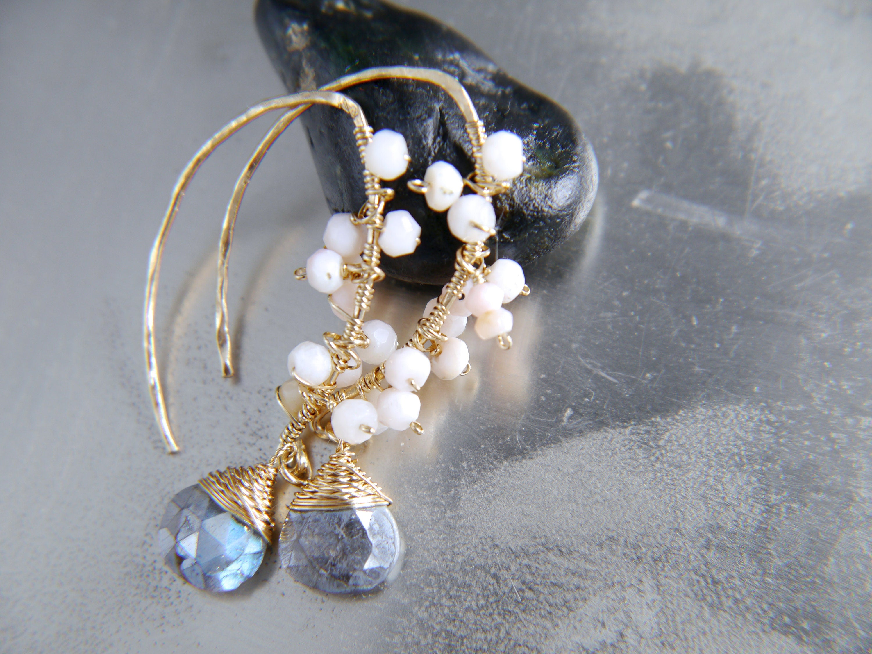 Labradorite Pink Opal Floral Hoop Gemstone Earrings, 14K Gold Filled Bohemian Jewelry