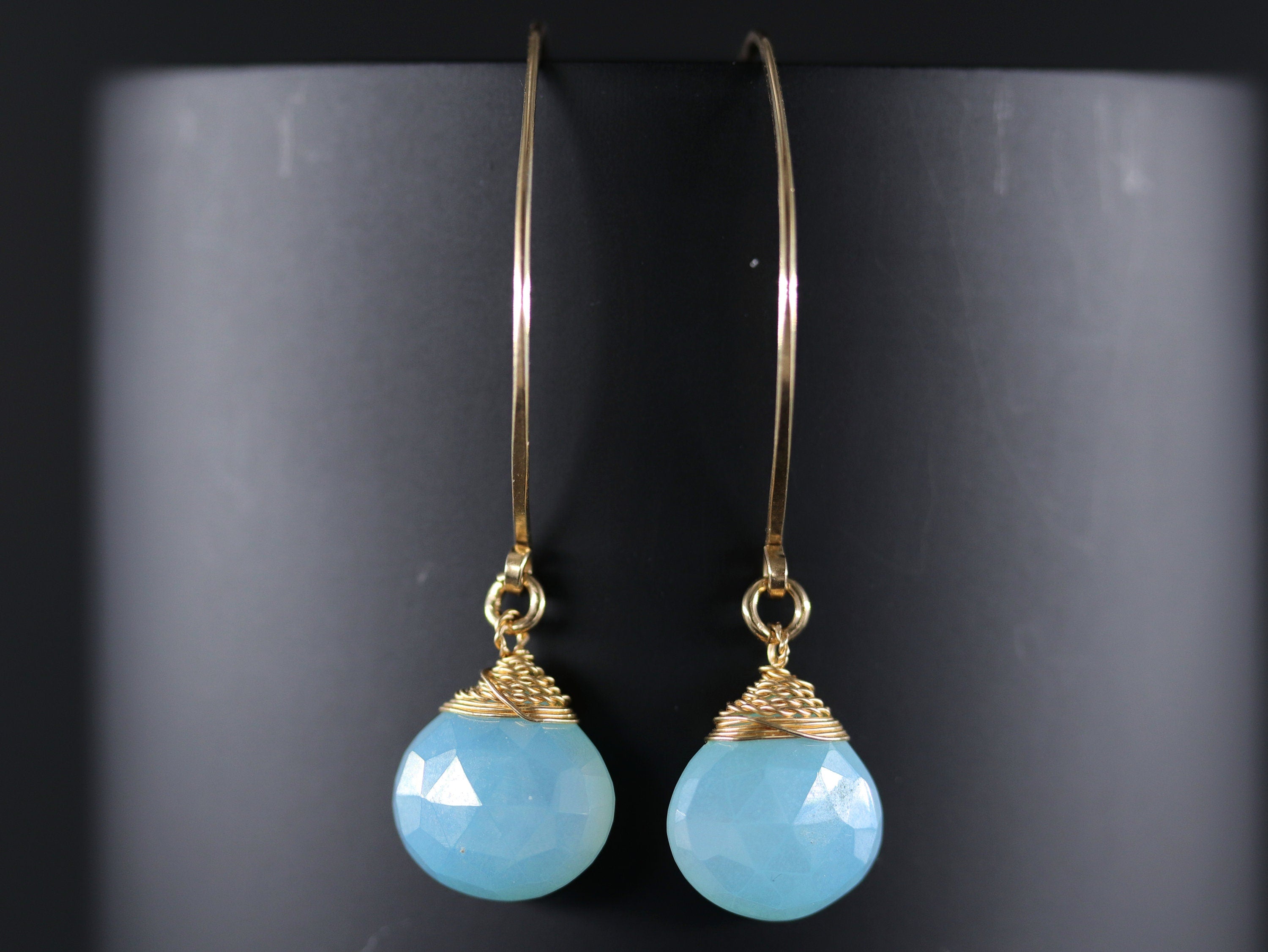 Aqua Chalcedony Heart Briolette Gemstone Earrings, 14K Gold Filled Romantic Gift