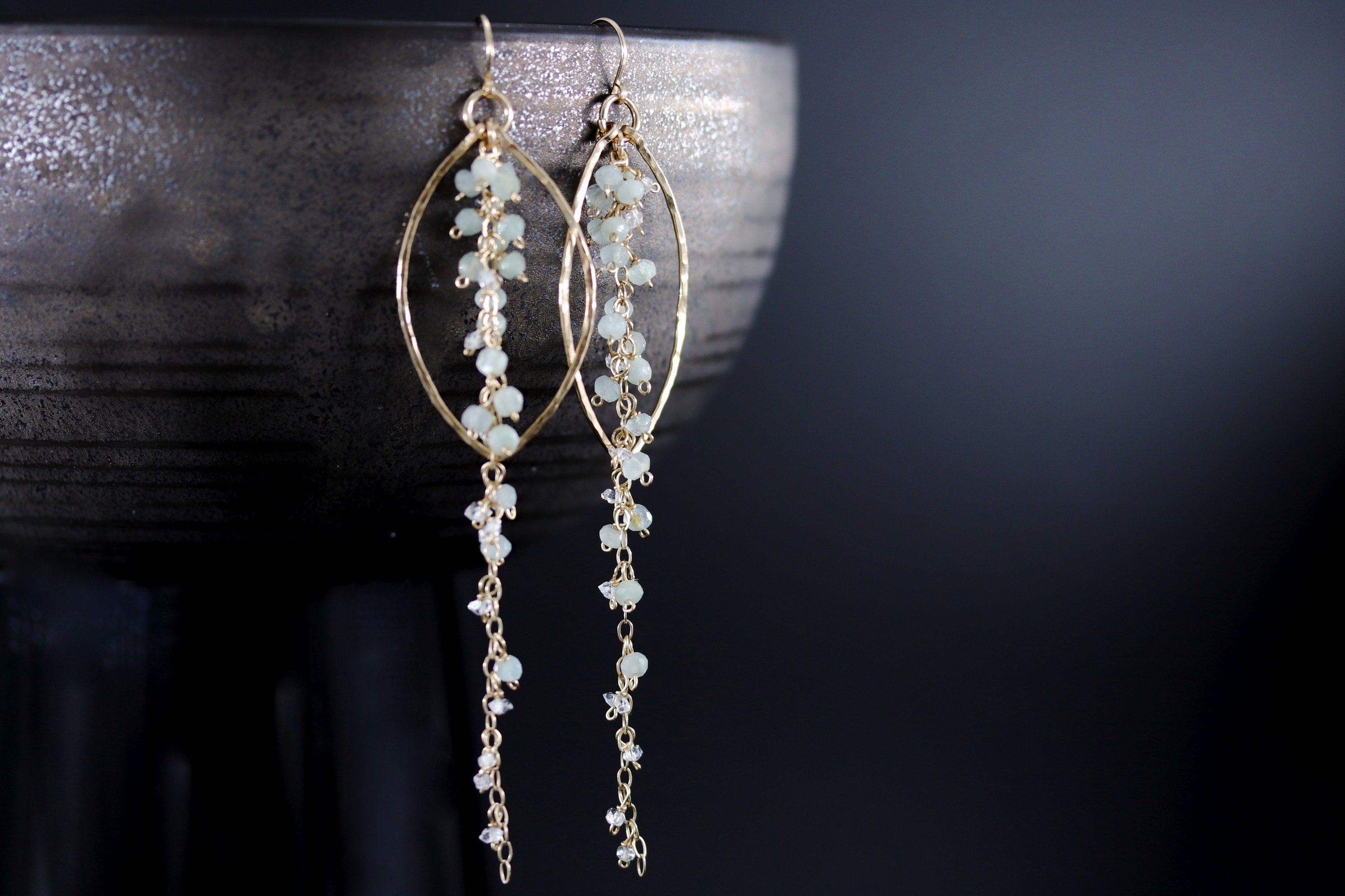 Aquamarine Fringe Chandelier Earrings, 14K Gold Filled Boho Dangle, Wedding Jewelry