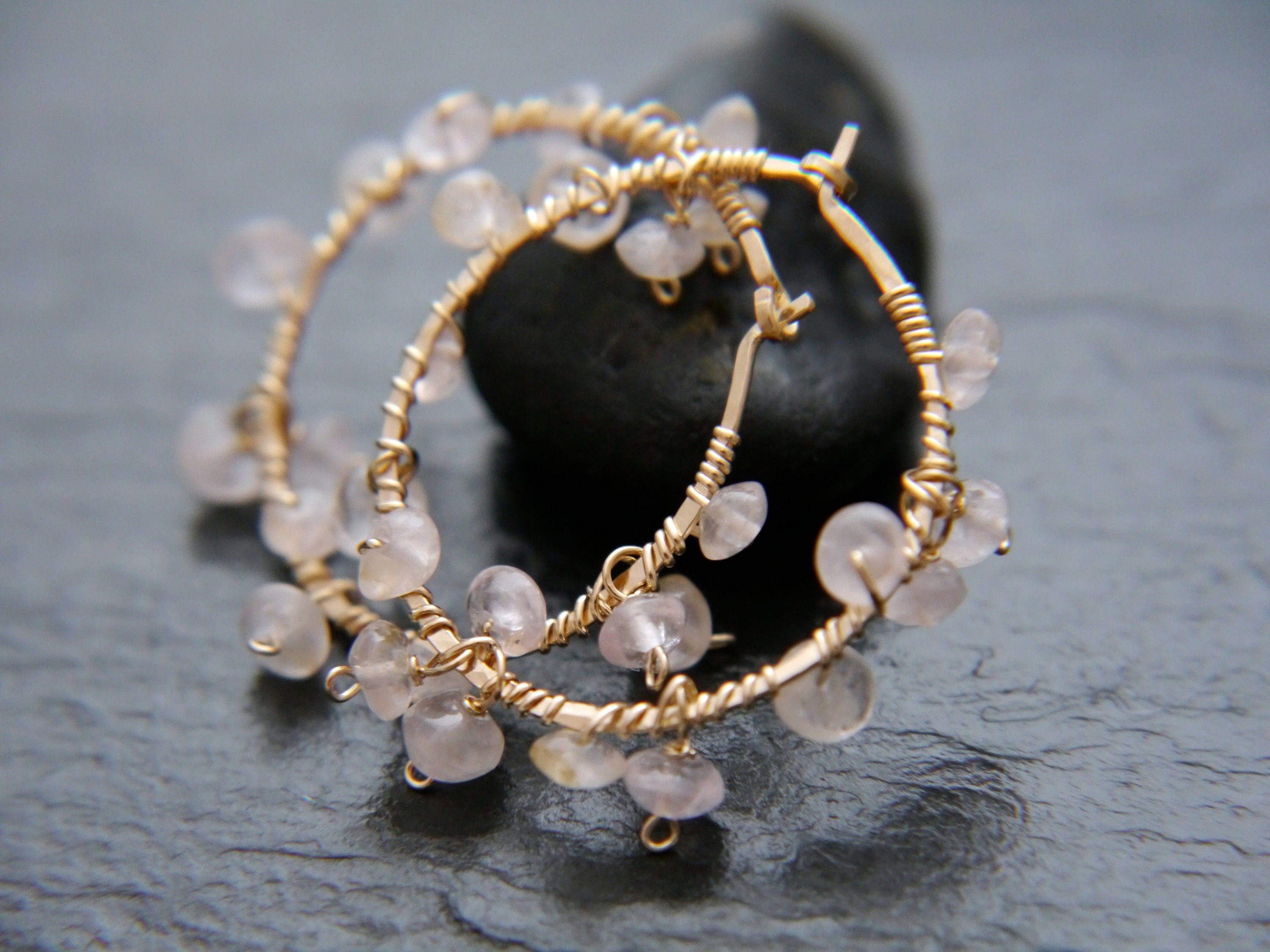 Rose Quartz Hoop Gemstone Earrings, 14K Gold Filled Boho Style Jewelry