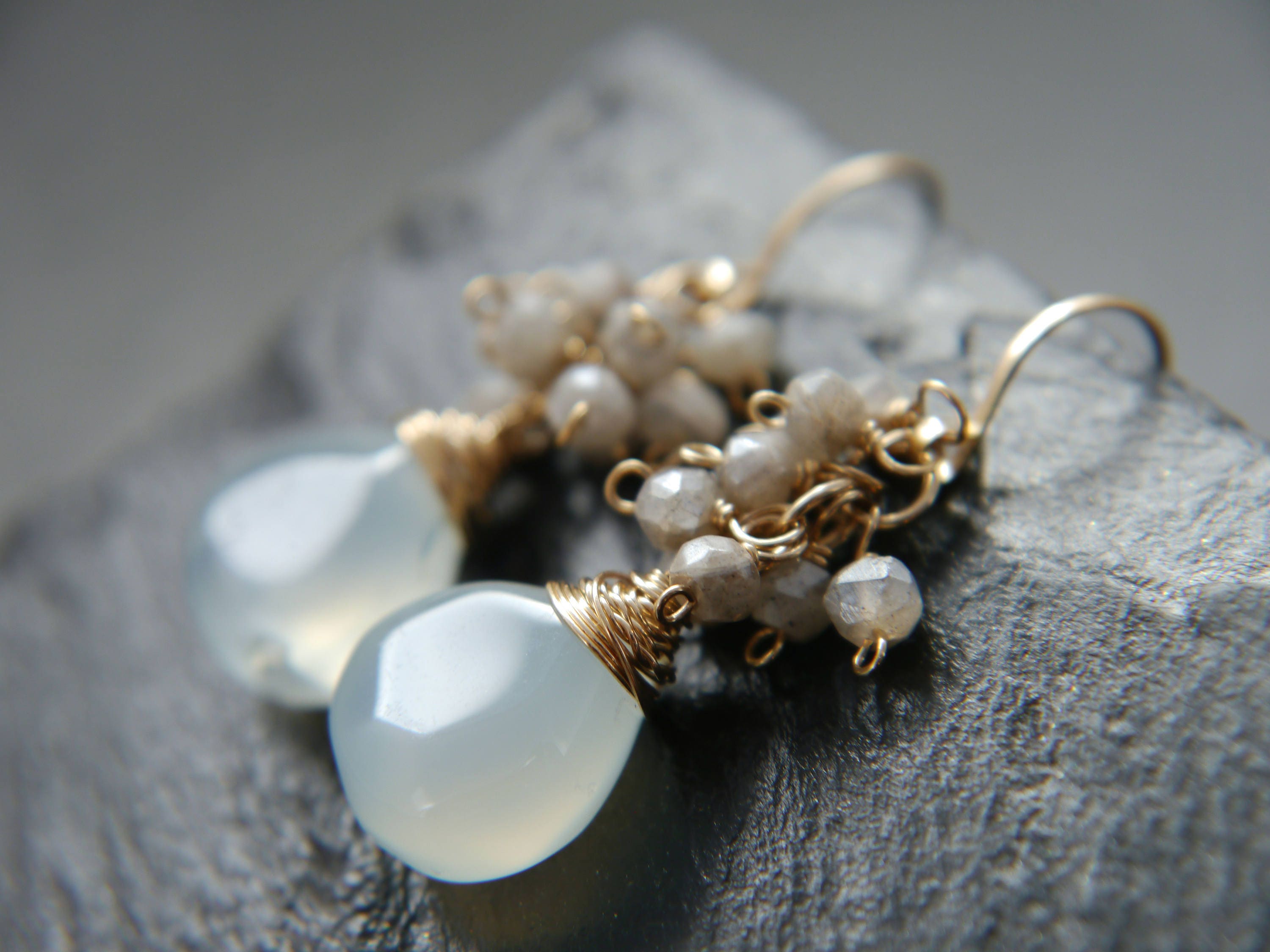 Aqua Chalcedony Briolette Labradorite Cluster Gemstone Earrings, 14K Gold Filled