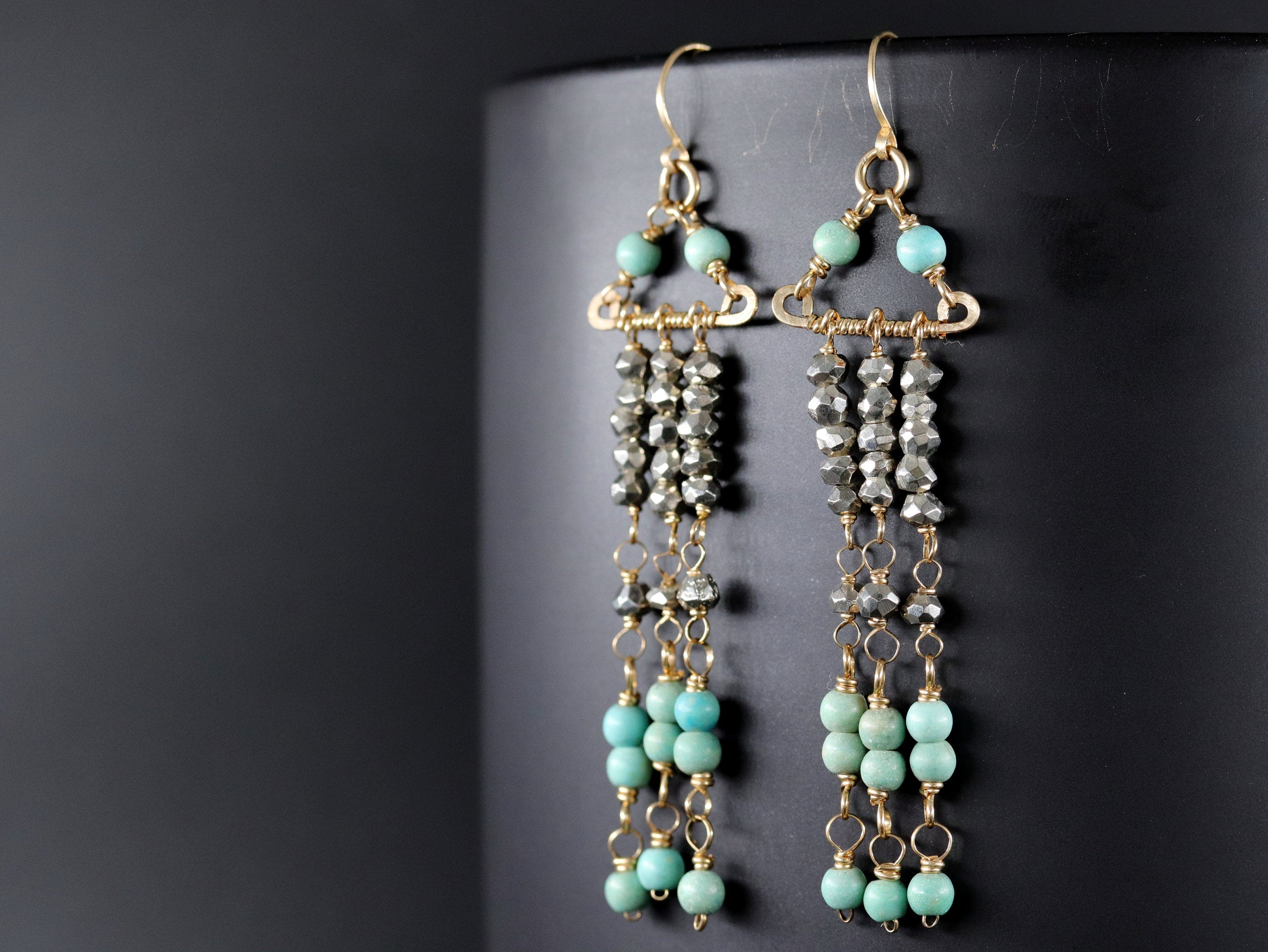 Turquoise Magnesite Pyrite Chandelier Gemstone Earrings, 14K Gold Filled