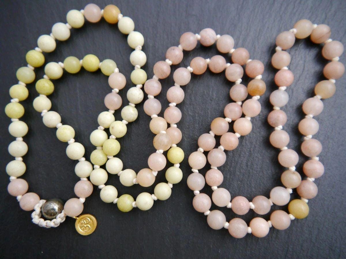 Green Peridot Serpentine Pink Aventurine Mala , Hand Knotted