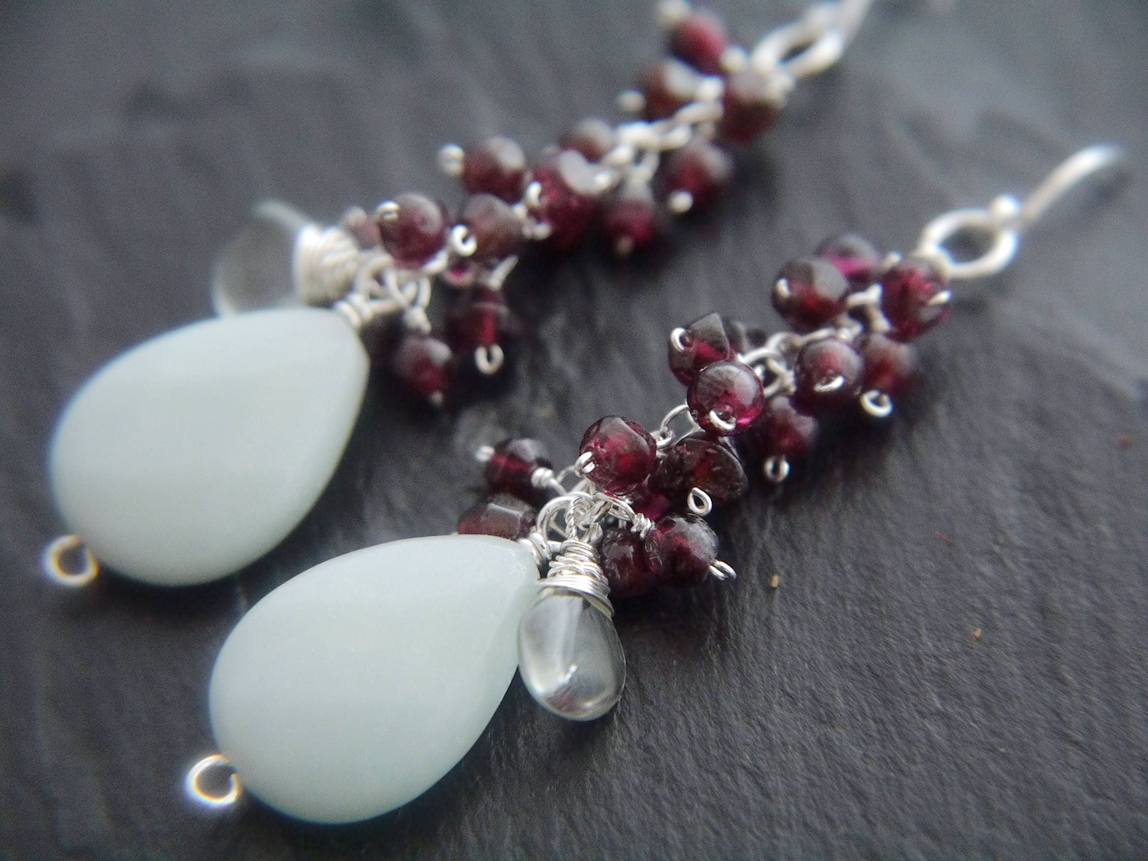 Amazonite Garnet Cluster Long Dangle Gemstone Earrings, Sterling Silver, Bohemian Style