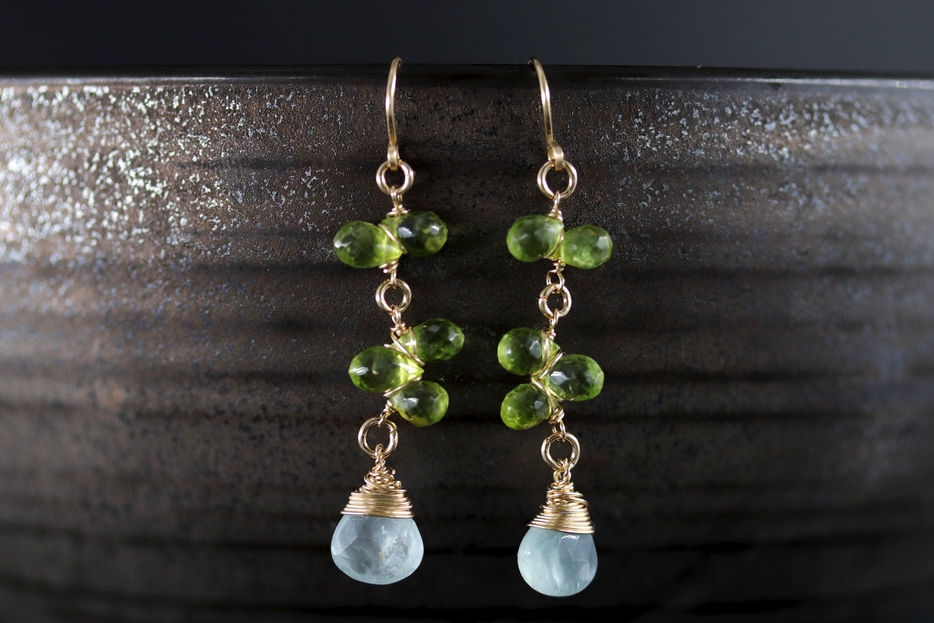 Aquamarine Peridot Dangle Vine Gemstone Earrings, 14K Gold Filled Floral Design