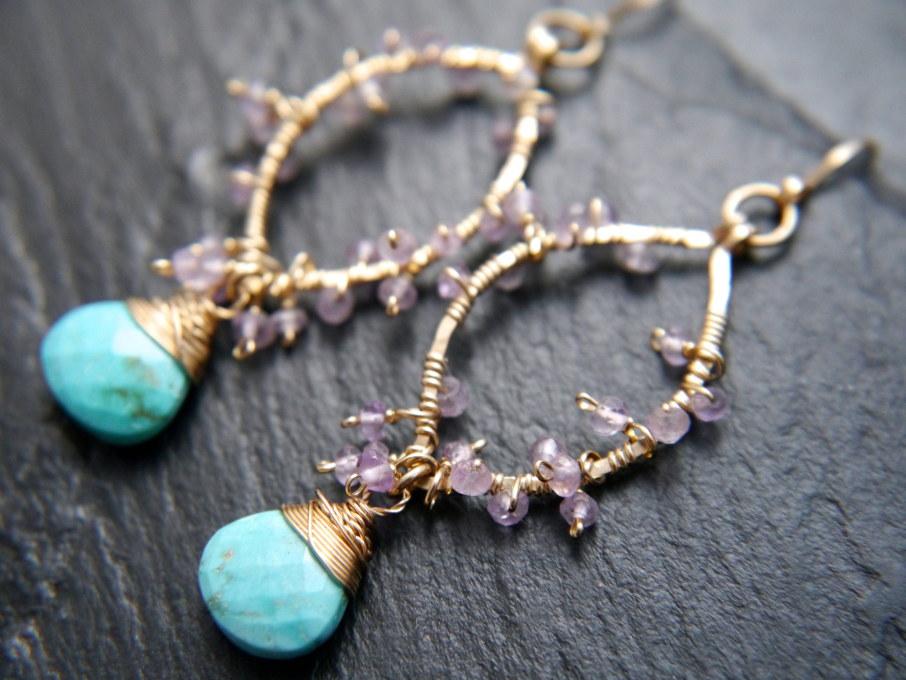 Turquoise Amethyst Floral Gemstone Earrings, 14K Gold Filled Botanical Jewelry