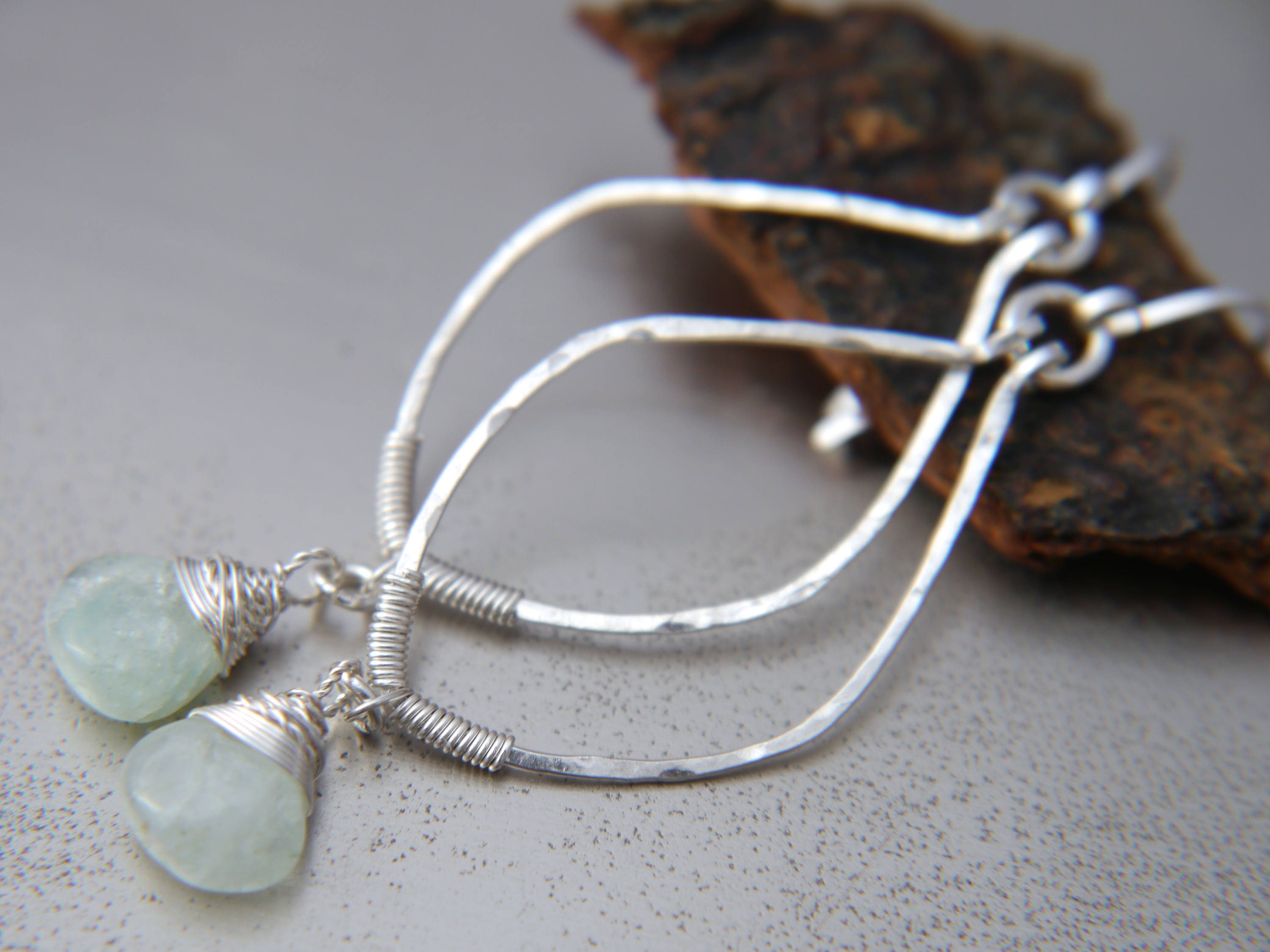 Aquamarine Leaf Dangle Gemstone Earrings, Sterling Silver, Nature Inspired