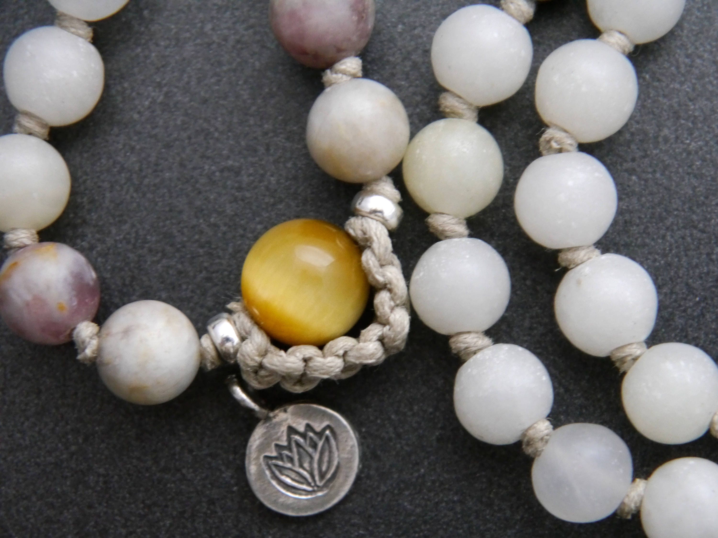 Lilac Stone, Snow Quartz, Tiger's Eye 108 Bead Mala, Hand-Knotted Meditation