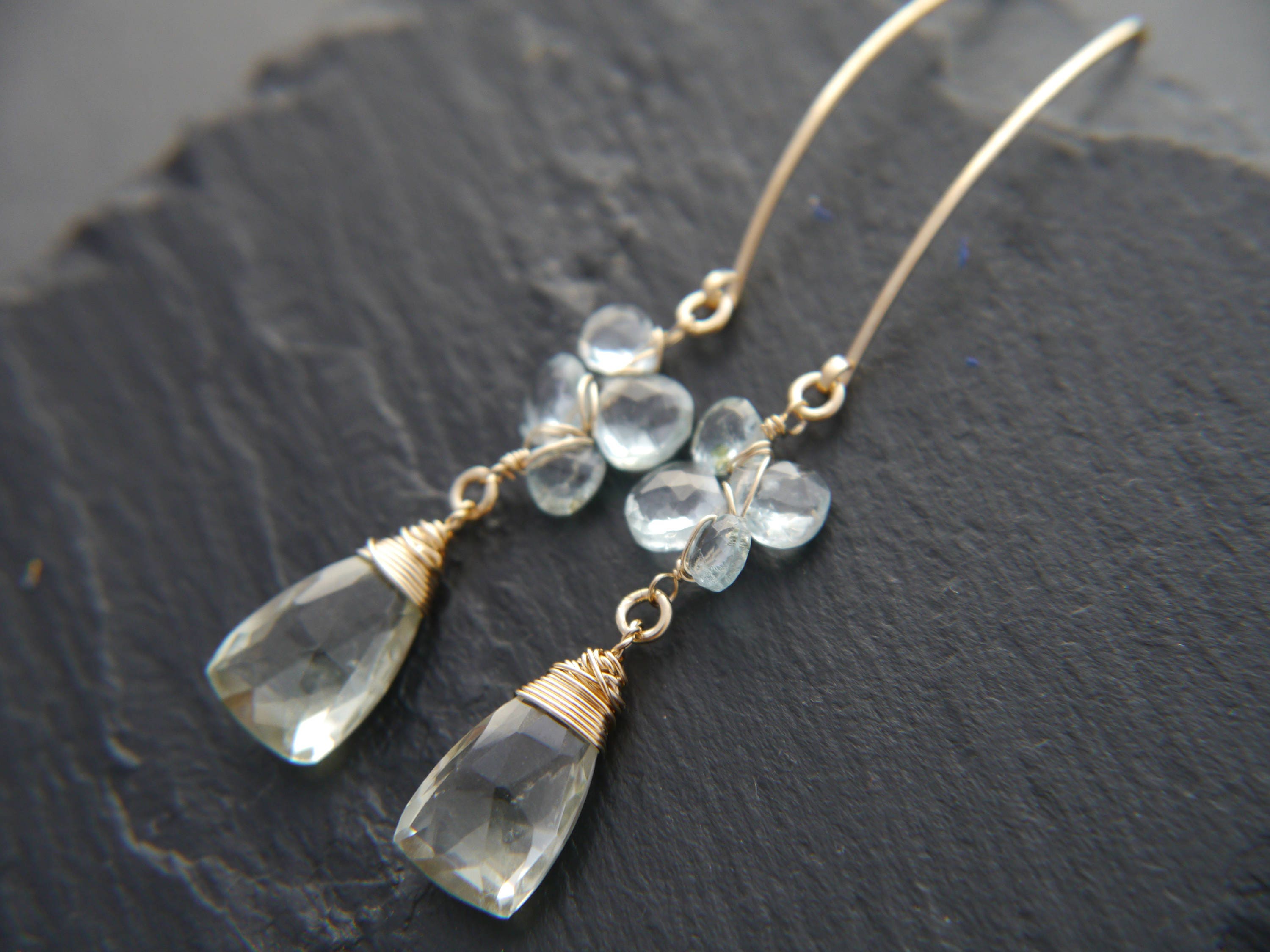 Aquamarine Green Amethyst Long Dangle Trillion Gemstone Earrings, 14K Gold Filled Bridal