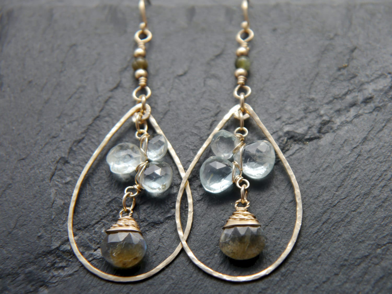 Aquamarine Labradorite Teardrop Floral Hoop Gemstone Earrings, 14K Gold Filled Bridal