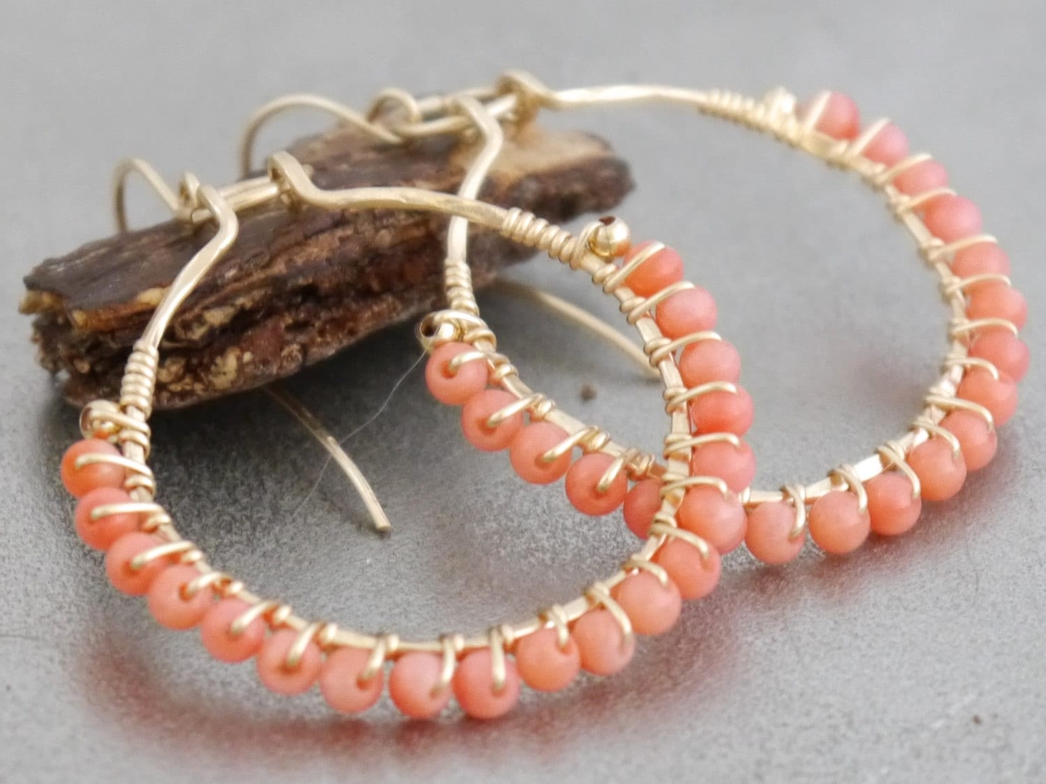 Coral Hoop Gemstone Earrings, 14K Gold Filled Bohemian Style