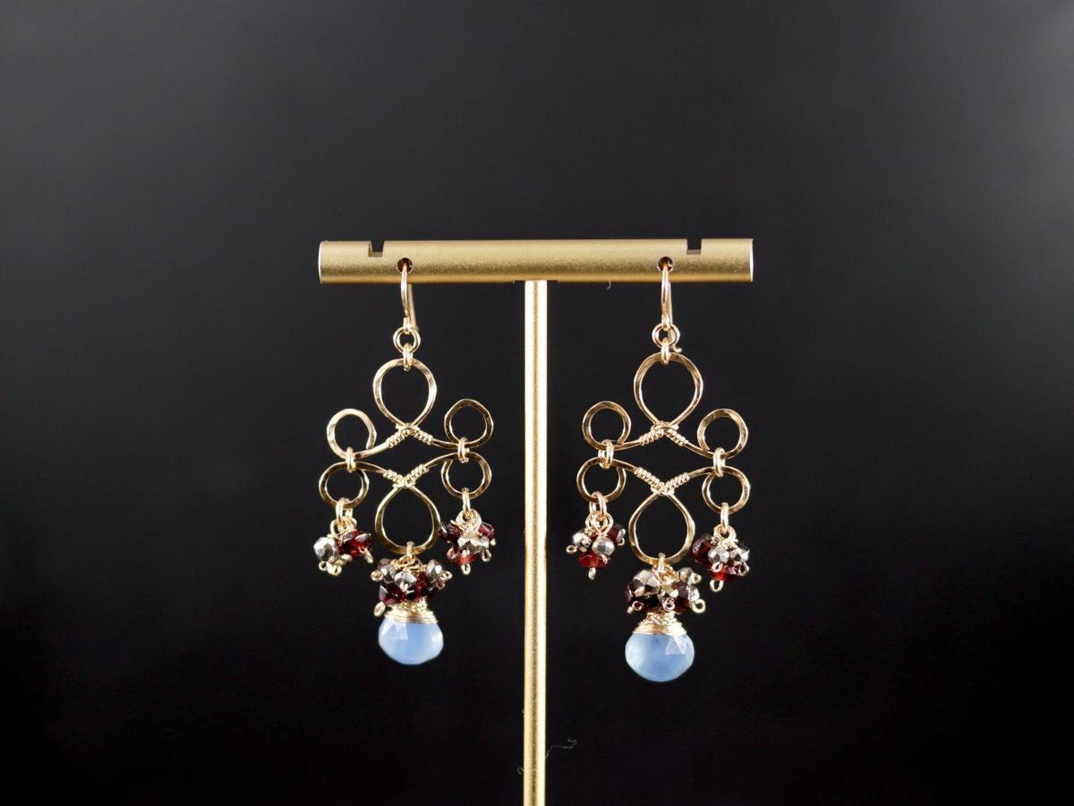 Garnet Blue Chalcedony Heart Chandelier, Gemstone Earrings, 14K Gold Filled Bohemain Jewelry