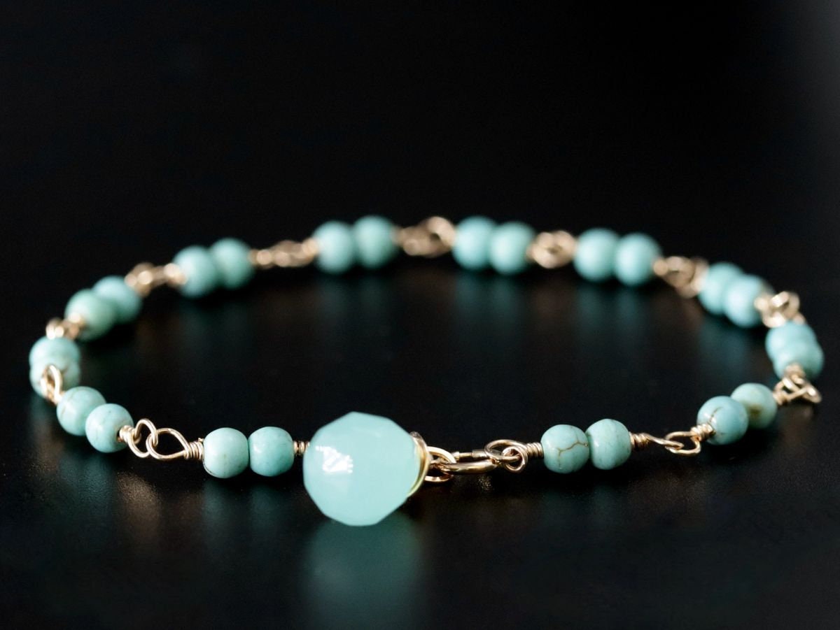 Turquoise Magnesite Aqua Chalcedony Gemstone Bracelet, 14K Gold Filled Rosary Chain, Beading