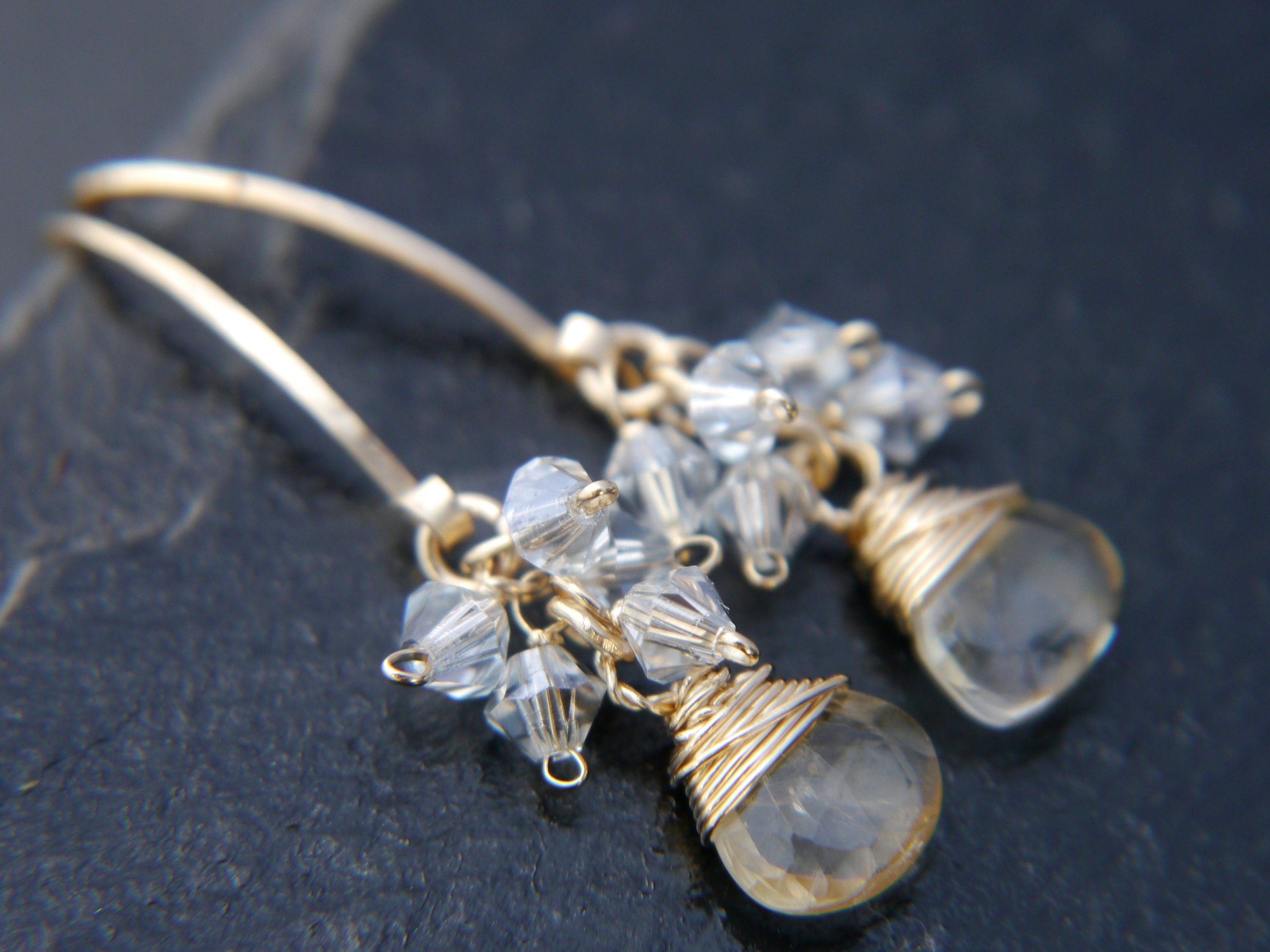 Citrine Teardrop Hoop Cluster Gemstone Earrings, 14K Gold Filled November Birthstone