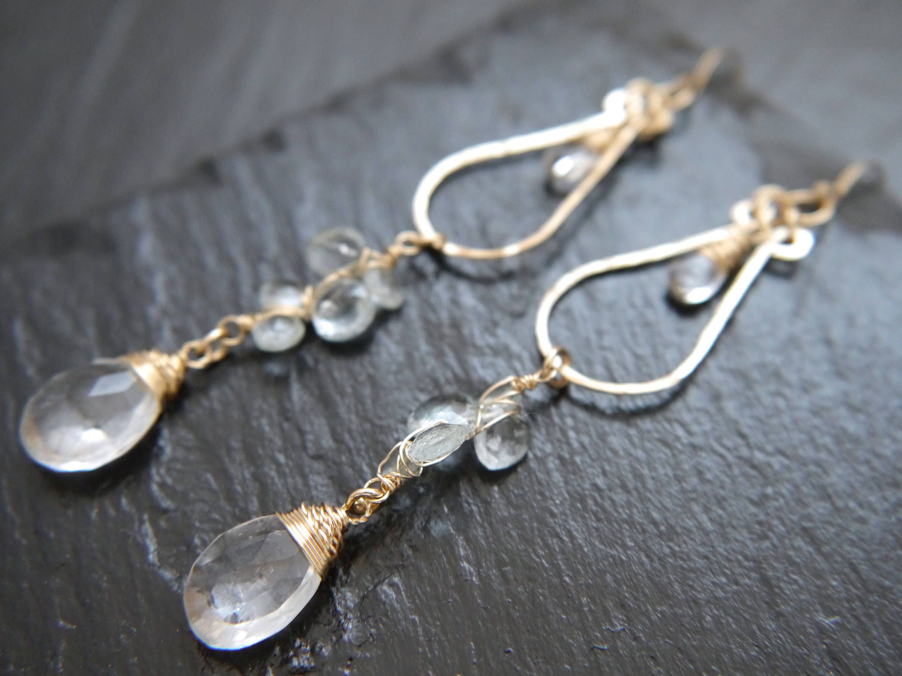 Aquamarine Chandelier Floral Long Dangle Gemstone Earrings, 14K Gold Filled Bridal
