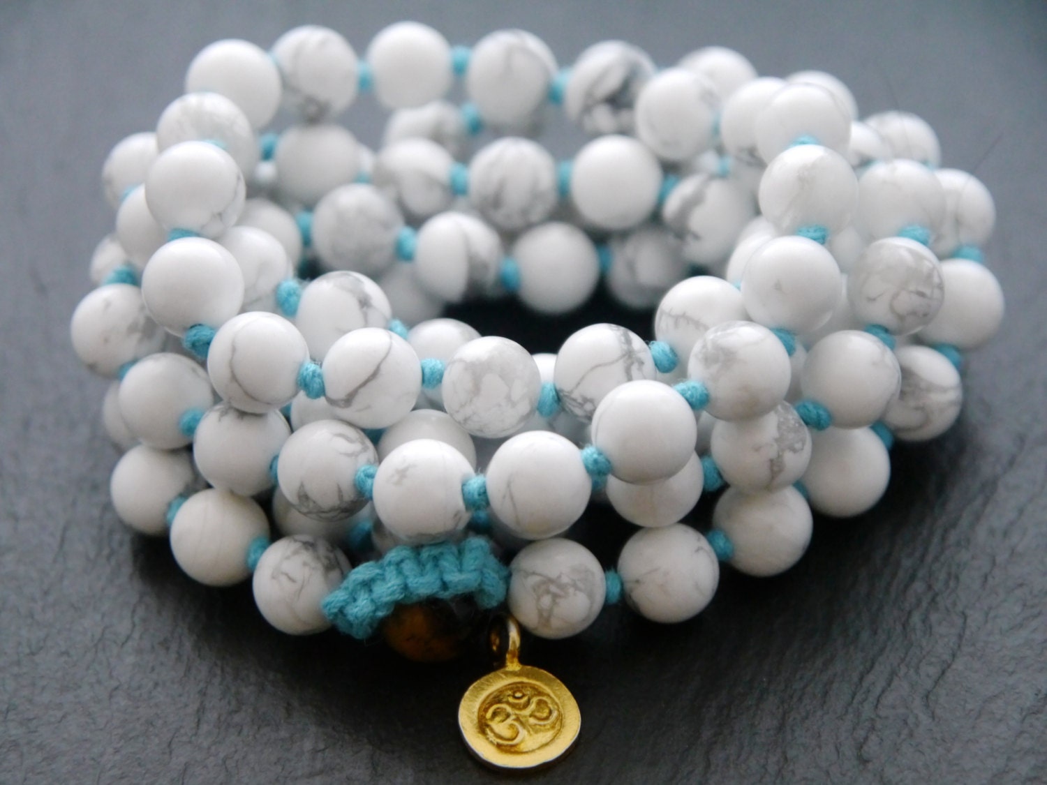 White Howlite Mala Beads, 108 Gemstone Beads, Wrap, Hand Knotted