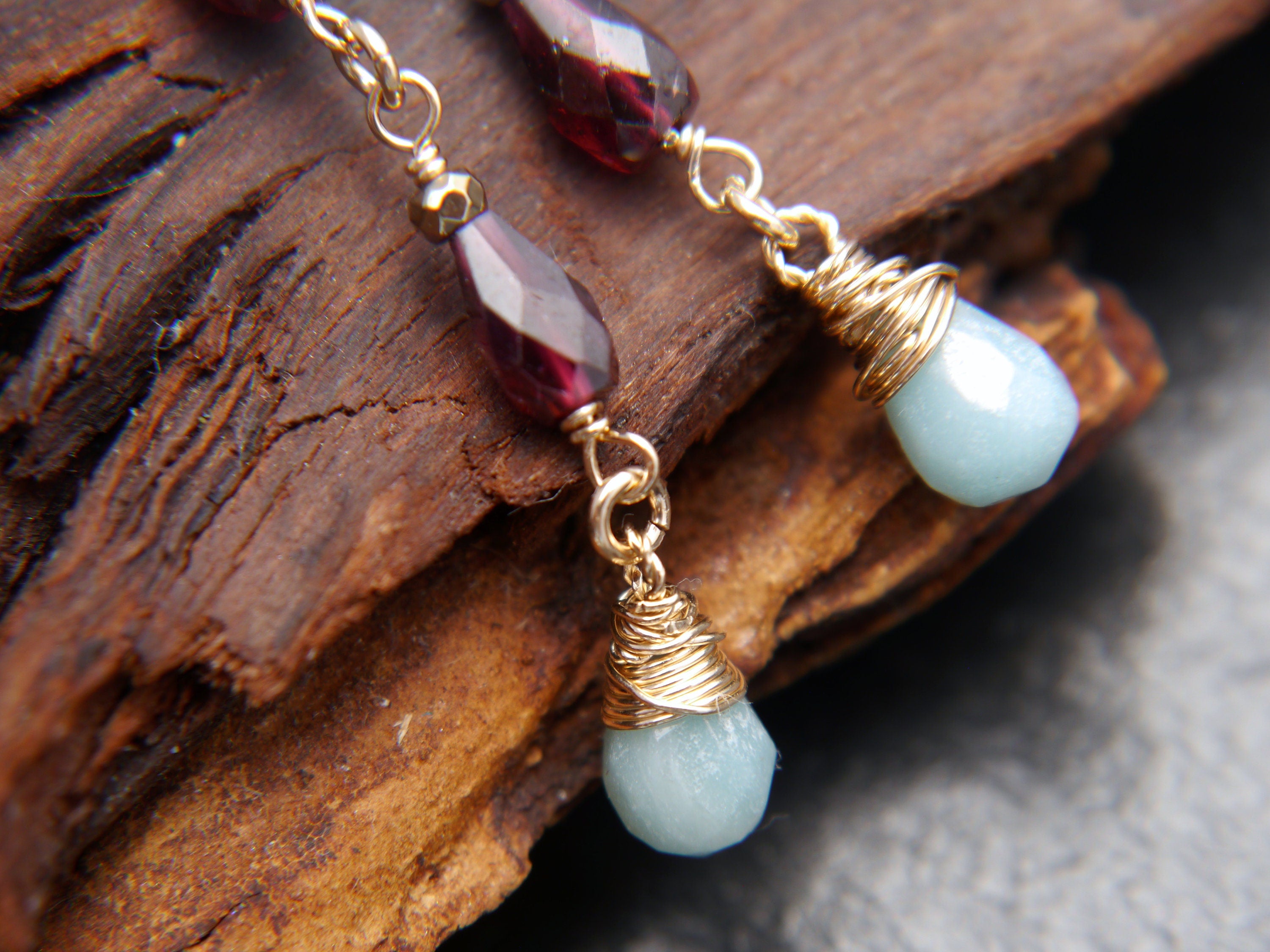 Garnet Amazonite Long Dangle Teardrop Gemstone Earrings, 14K Gold Filled Art Deco