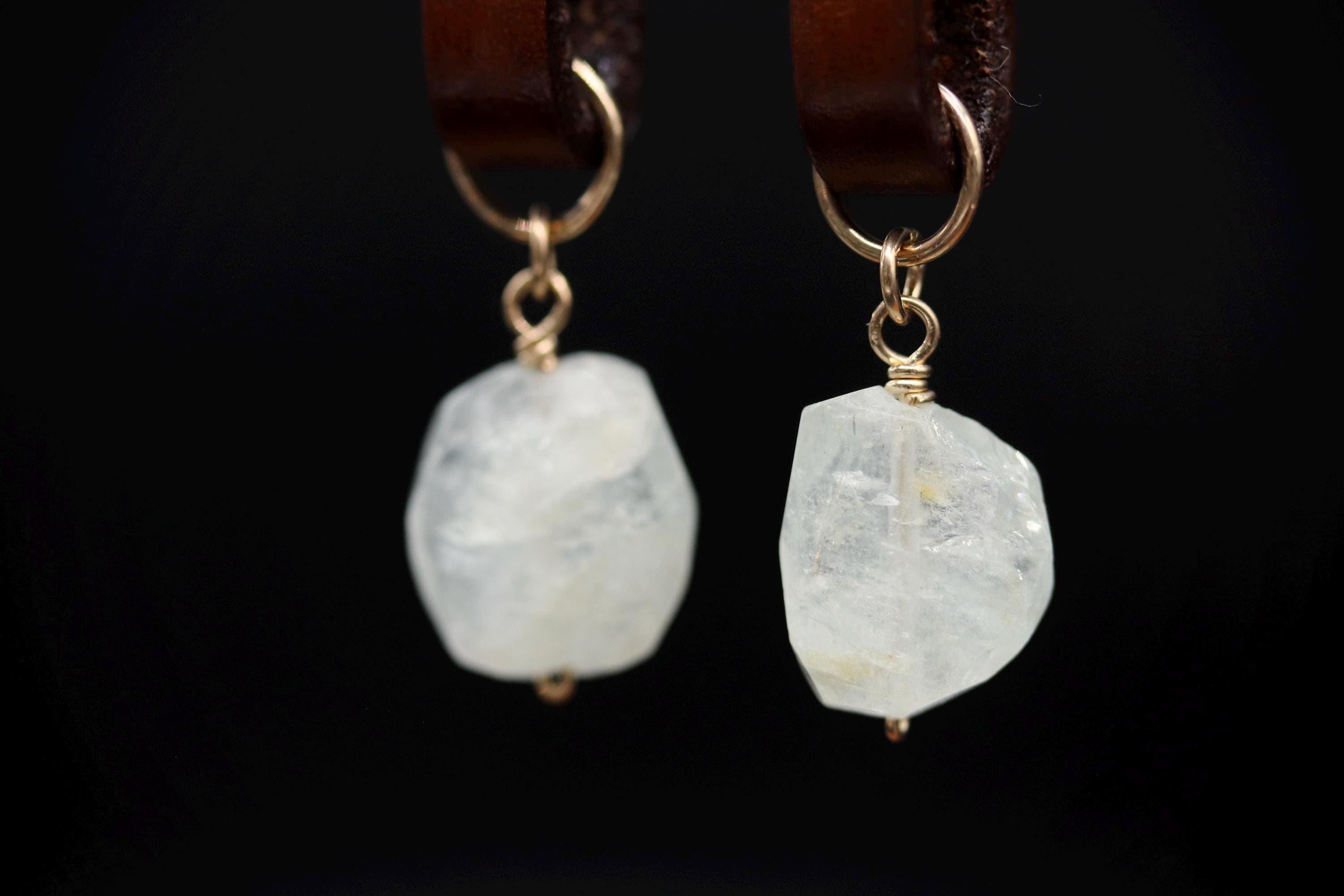 Boho Leather and Raw Cut Aquamarine Dangle Gemstone Earrings, 14K Gold Filled
