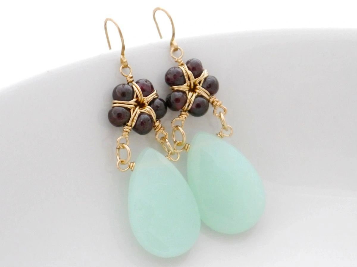Garnet Chalcedony Heart Flower Gemstone Earrings, 14K Gold Filled Artisan Heirloom